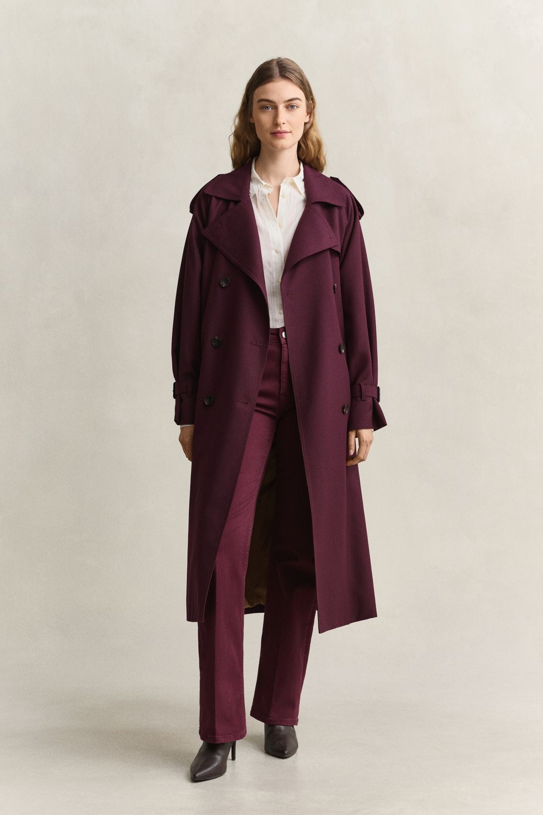 Wool Blend Trench Coat - DARKENED WINE