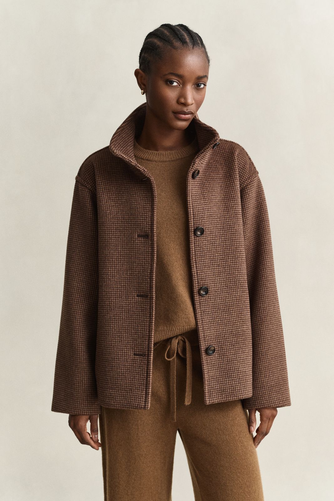 Checked Wool Blend Jacket - DEEP BROWN