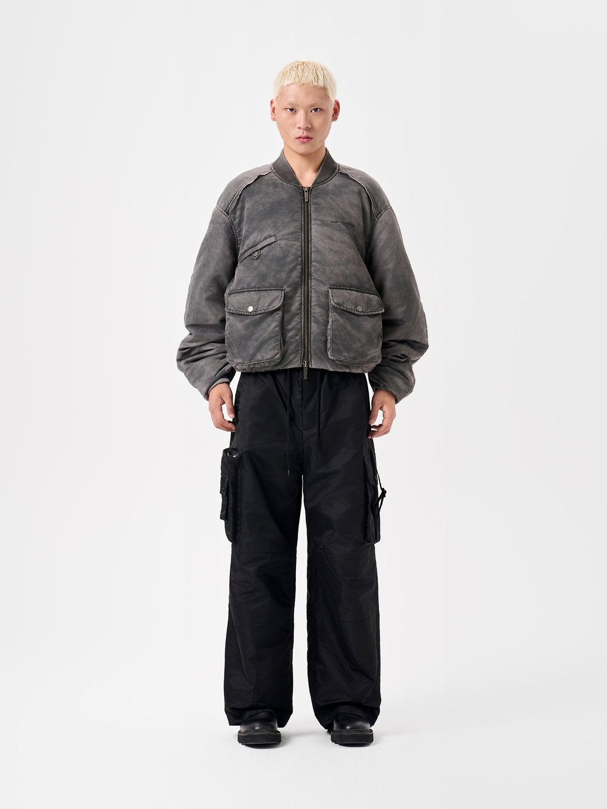 GREY SANDWASHED VARSITY PUFFER JACKET