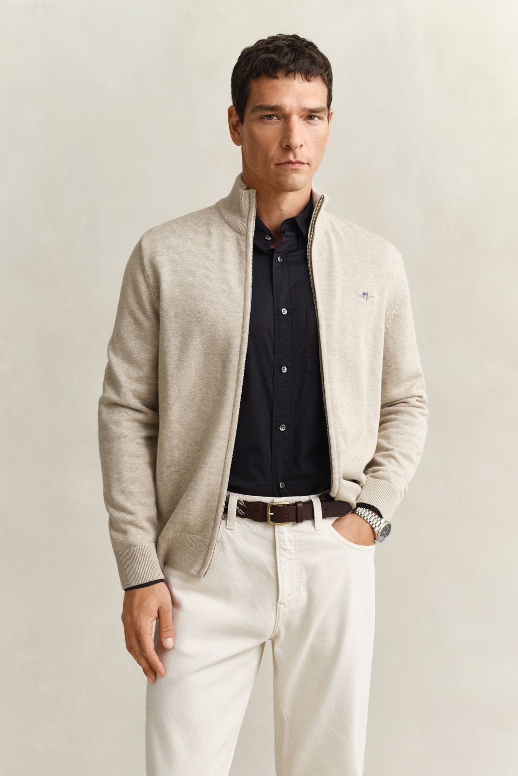 Casual Cotton Zip Cardigan - DARK GREY MELANGE