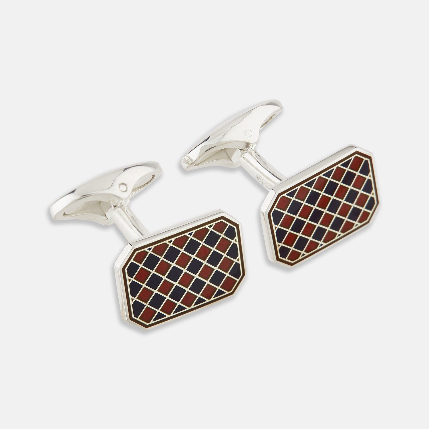 Burgundy And Navy Checkered Rectangular Enamel Cufflinks