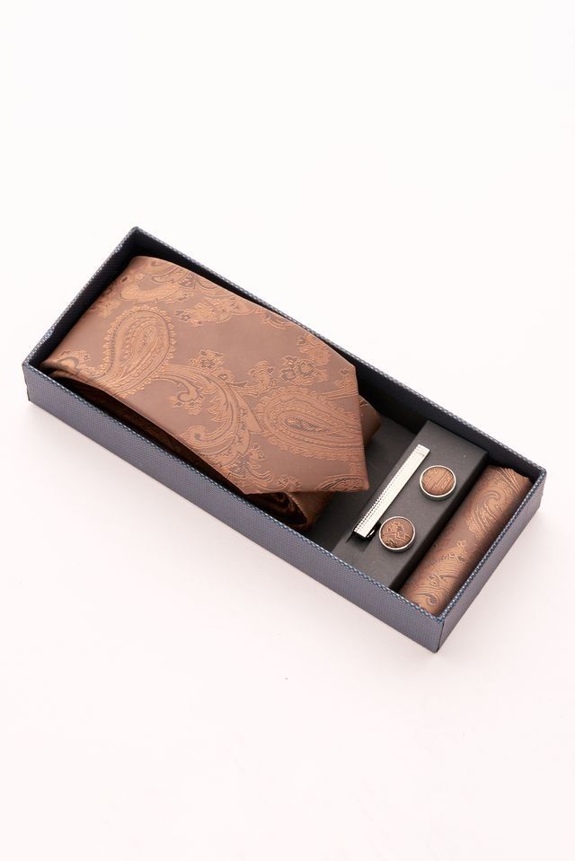 Bronze Paisley Tie Set With Tie Bar & Cufflinks