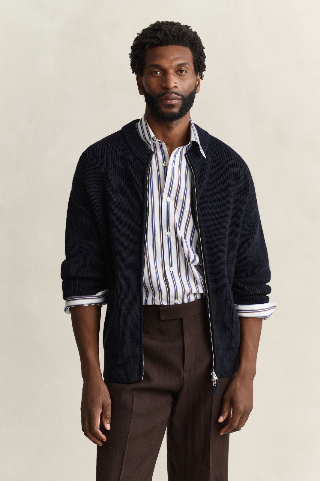 Ribbed Wool Zip Cardigan - EVENING BLUE