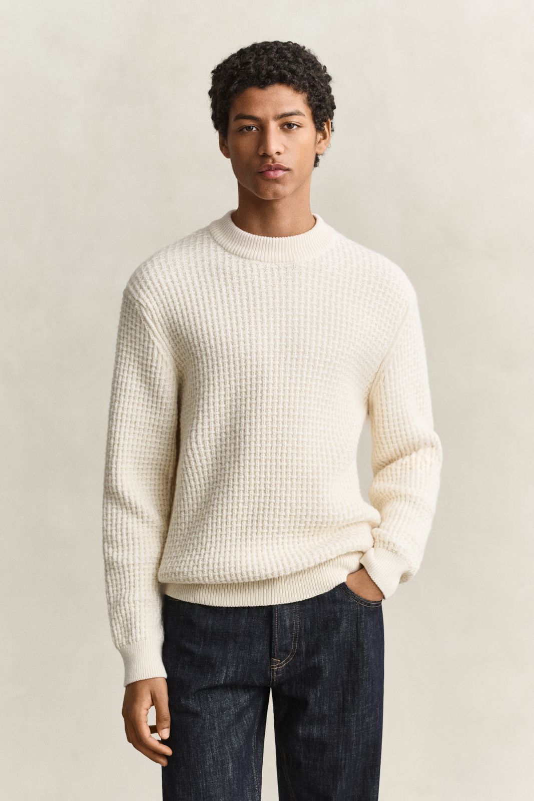 Textured Cotton Wool Mock Neck Sweater - CREAM