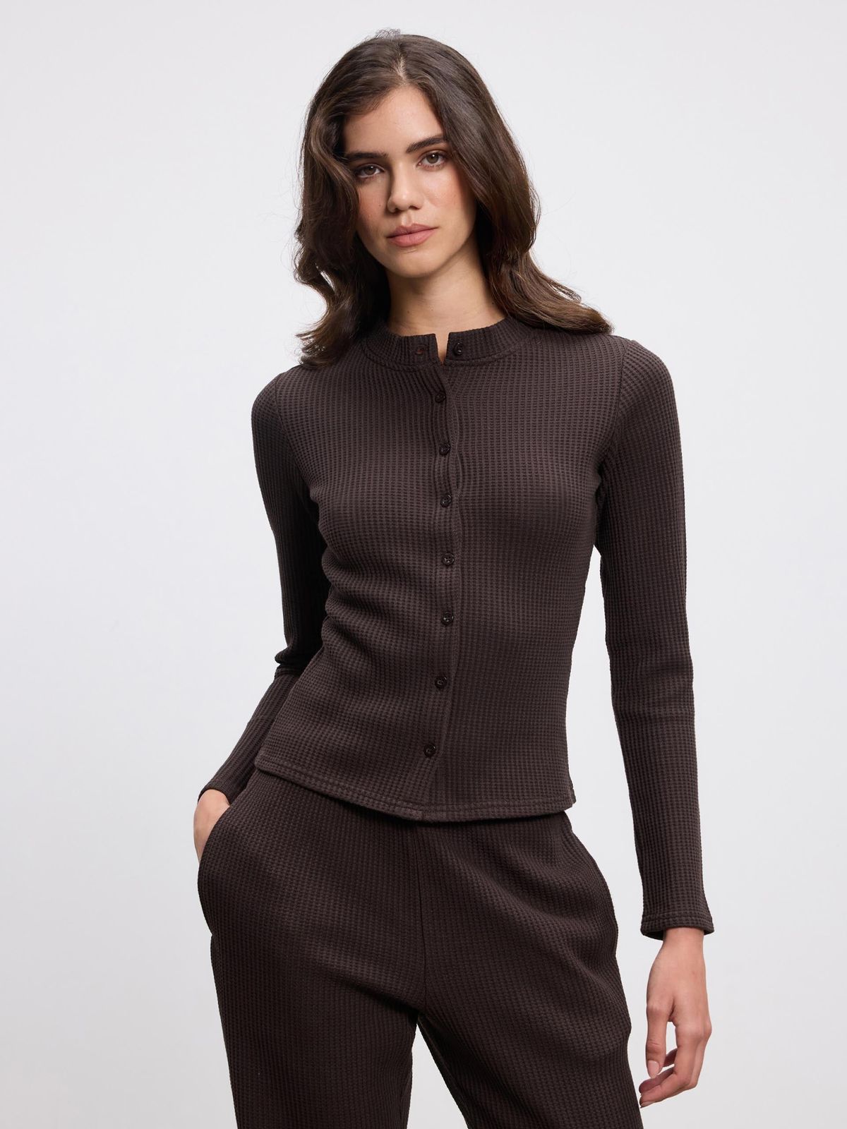 Womens Waffle Button Through Cardigan in Brown