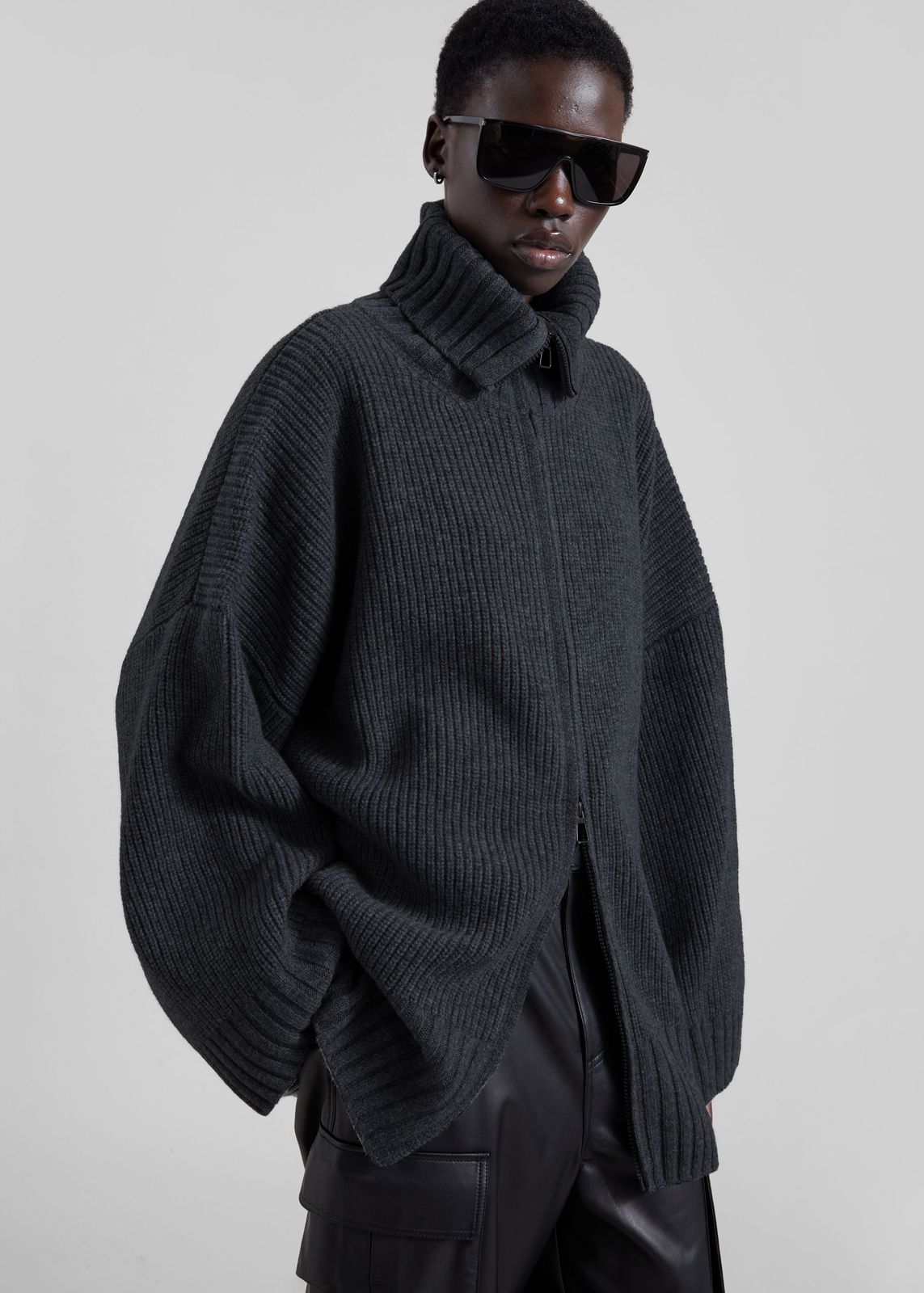 Veda Oversized Zip-Up Cardigan - Charcoal