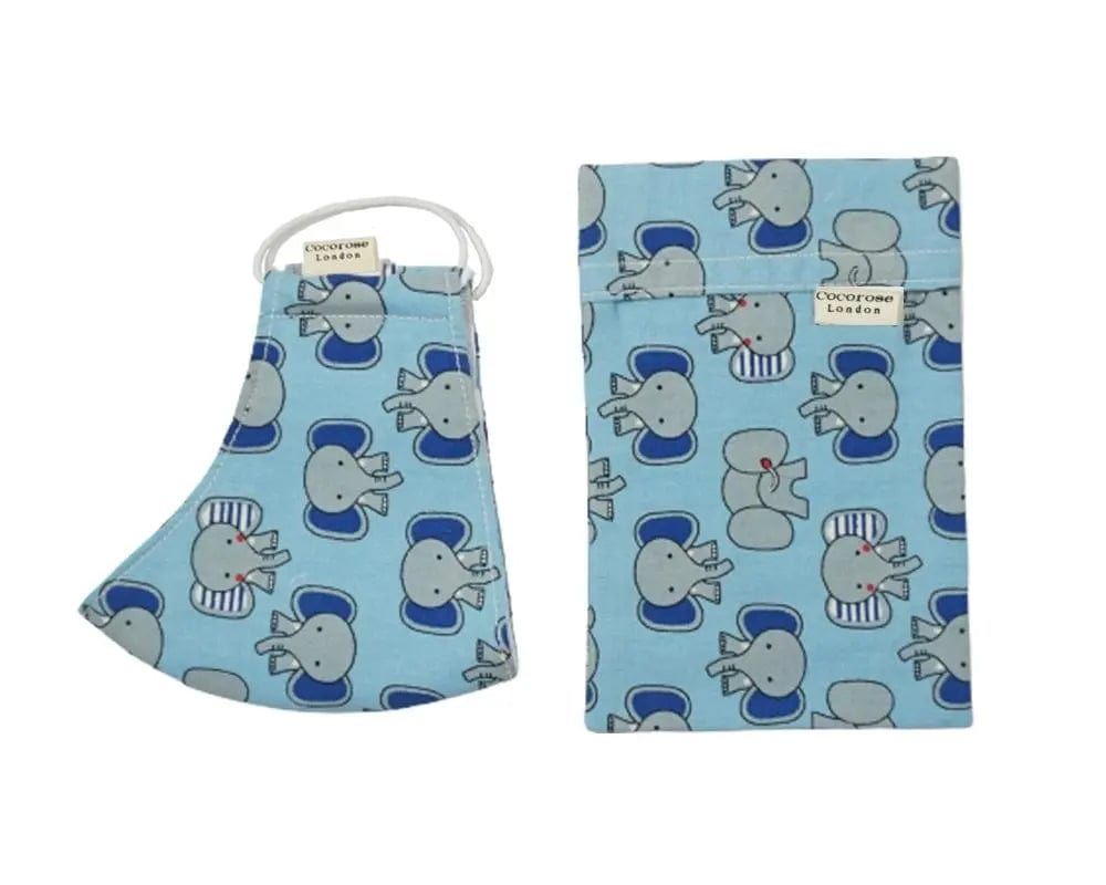 Children's Cotton Face Mask with Filter Pocket and Matching Pouch - Blue and Grey Elephants