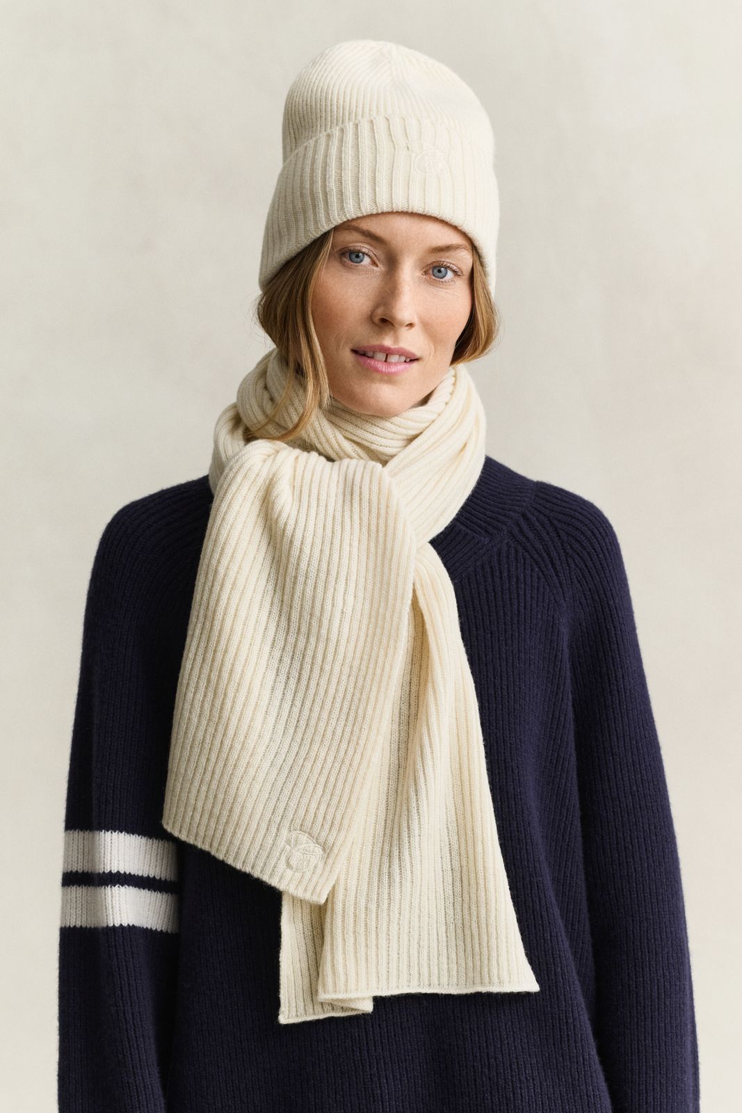 Embroidered Scarf & Beanie Gift Set - CREAM
