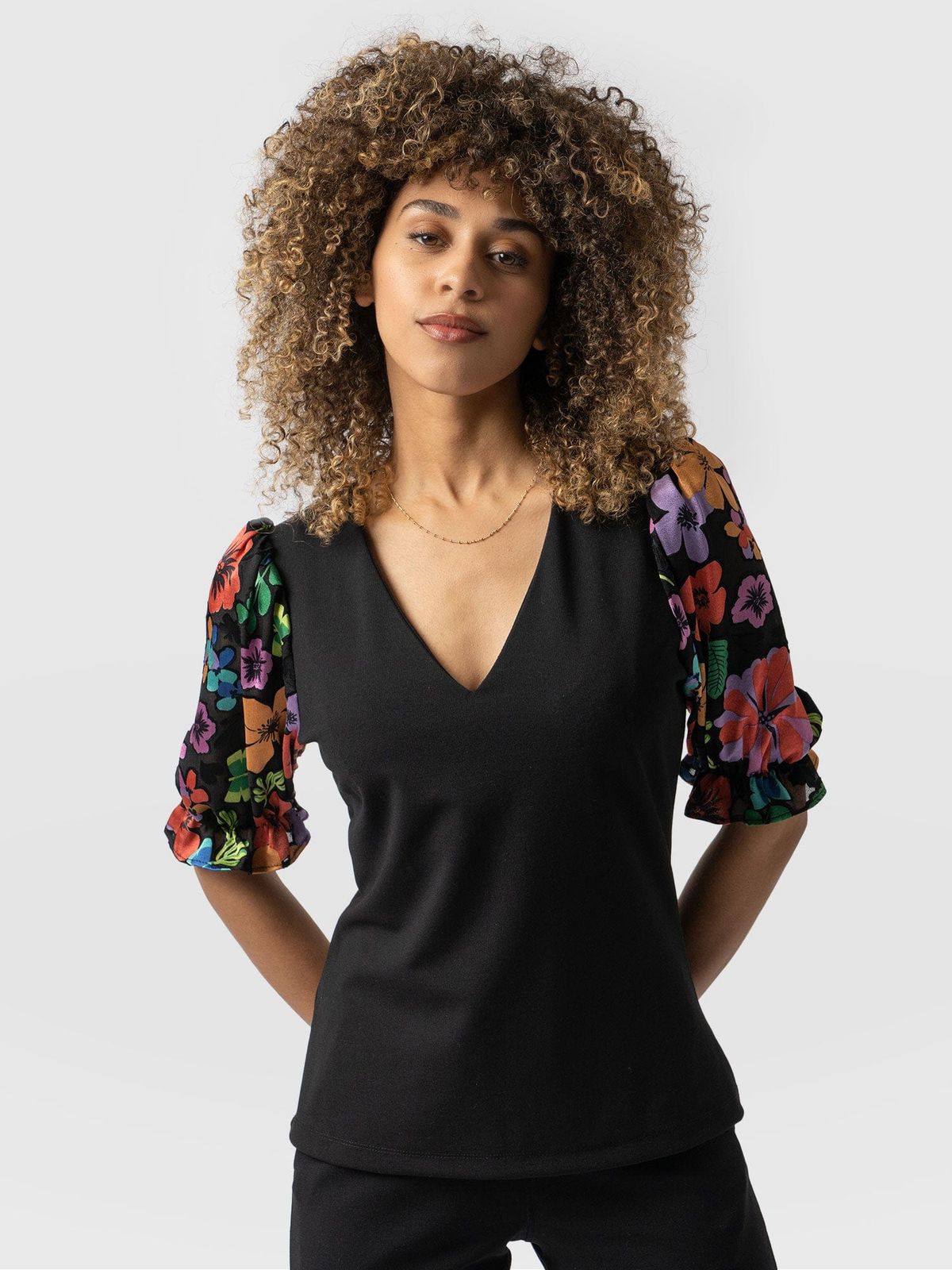 Tori Puff Sleeve Top - Black Pop Floral