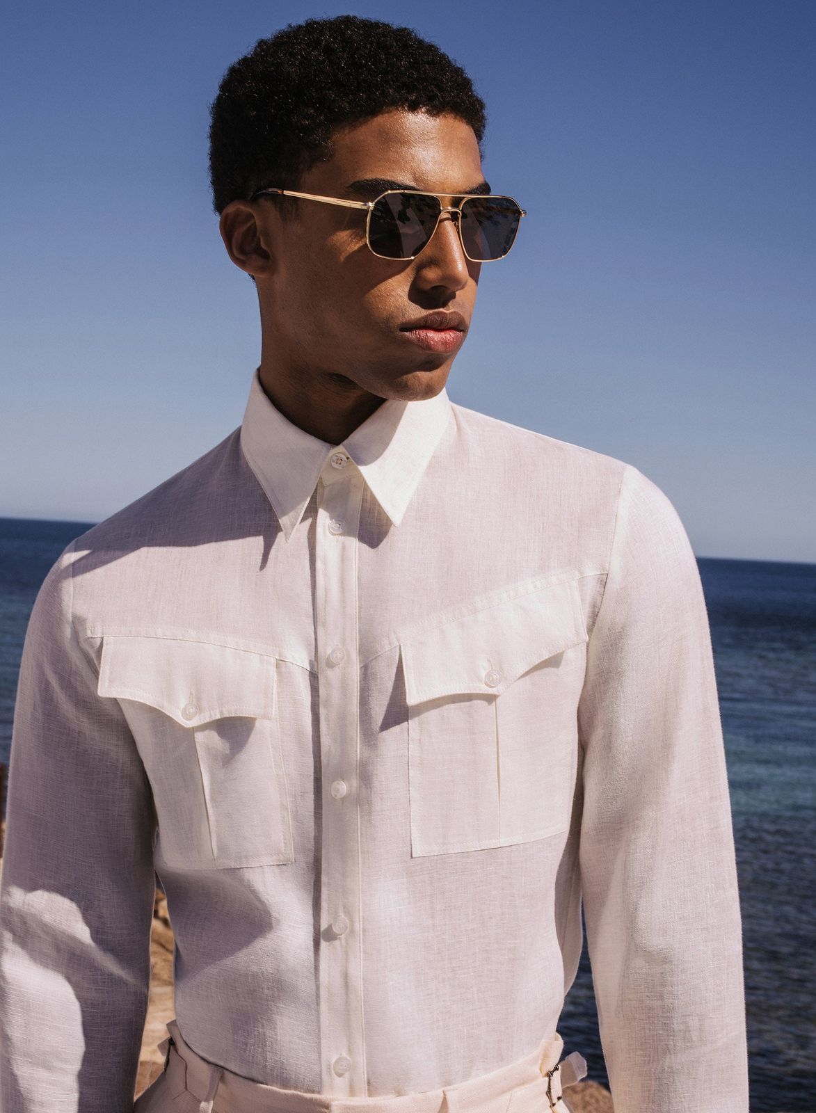 White Pure Linen Western Pocket Shirt