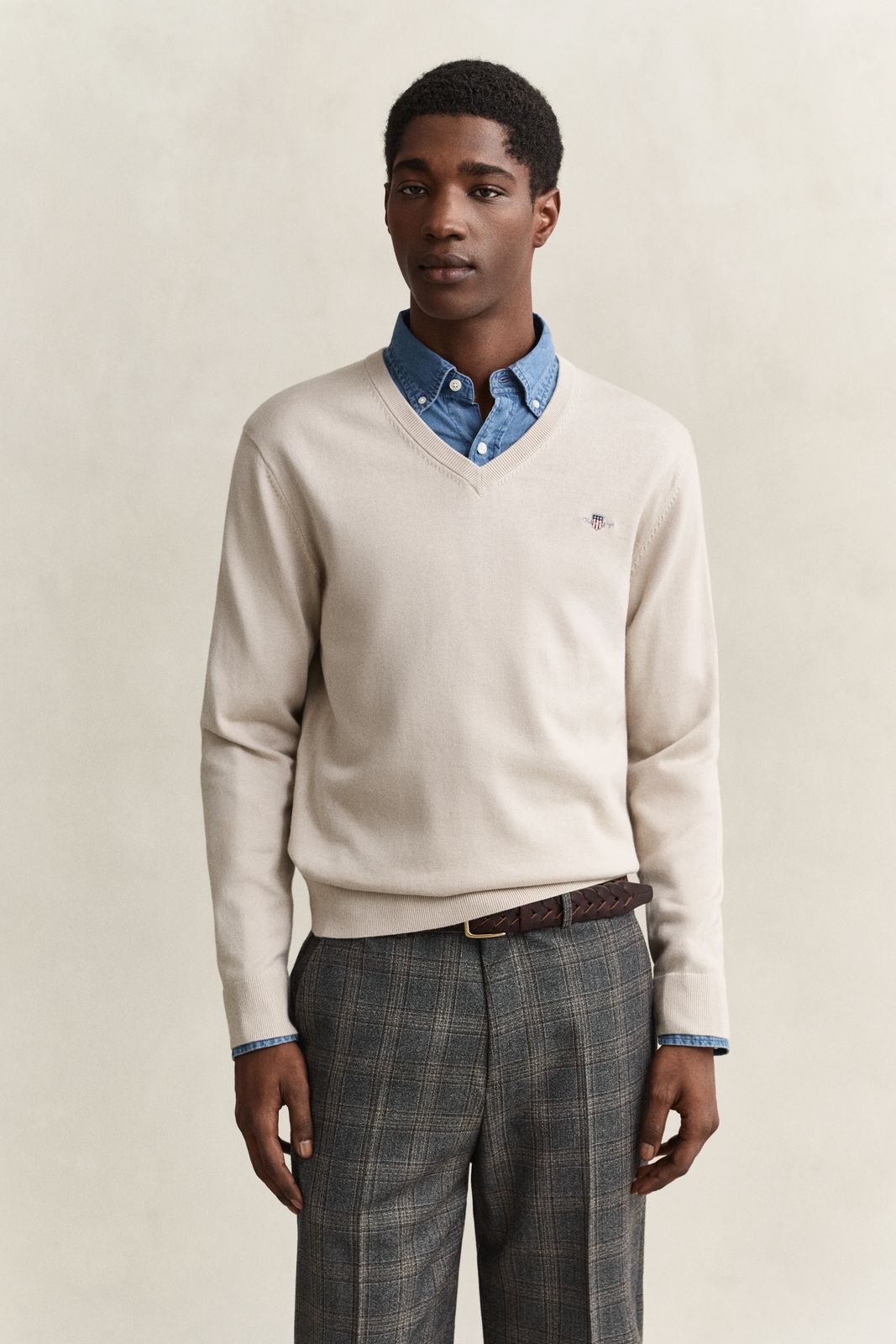 Cotton V-Neck Sweater - BLACK BROWN MELANGE
