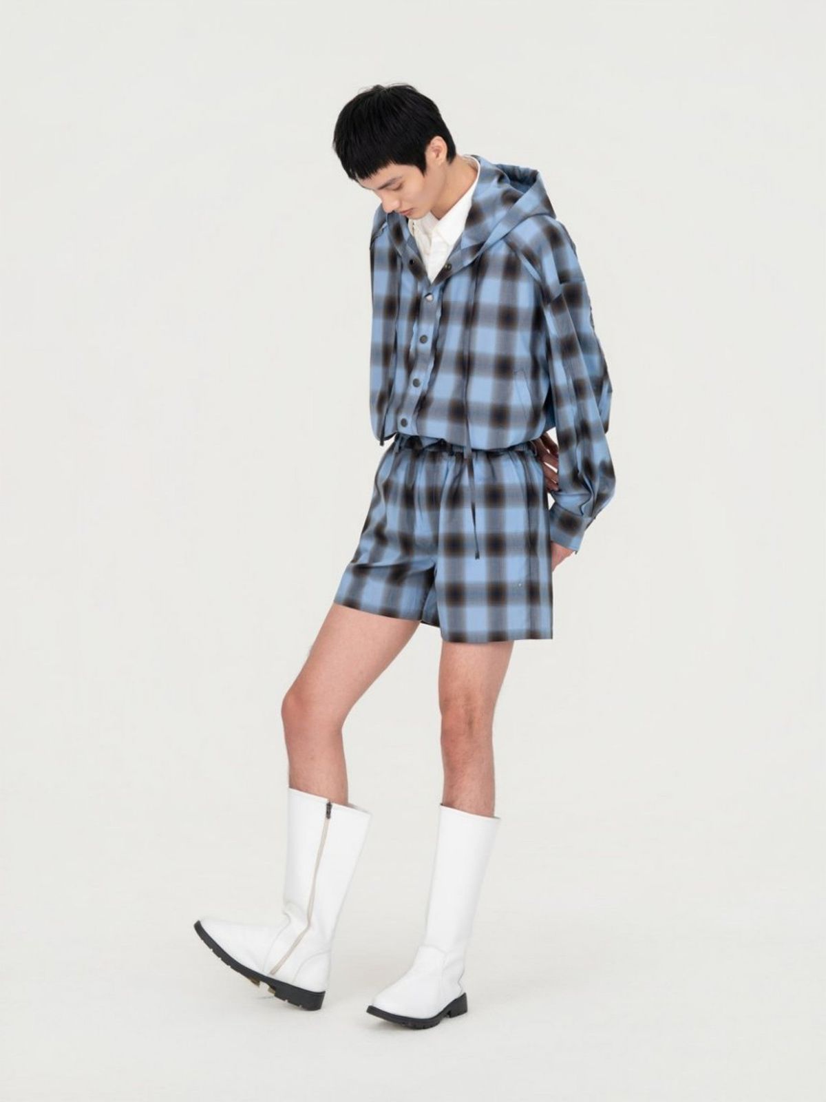 BLUE CHECK HOODED JACKET