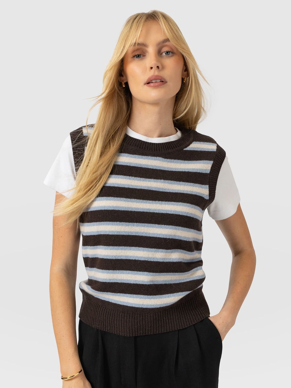 Oxford Cashmere Sleeveless Knit - Brown Stripe