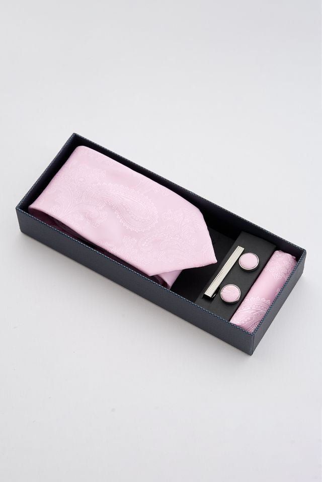 Pink Paisley Tie Set With Tie Bar & Cufflinks