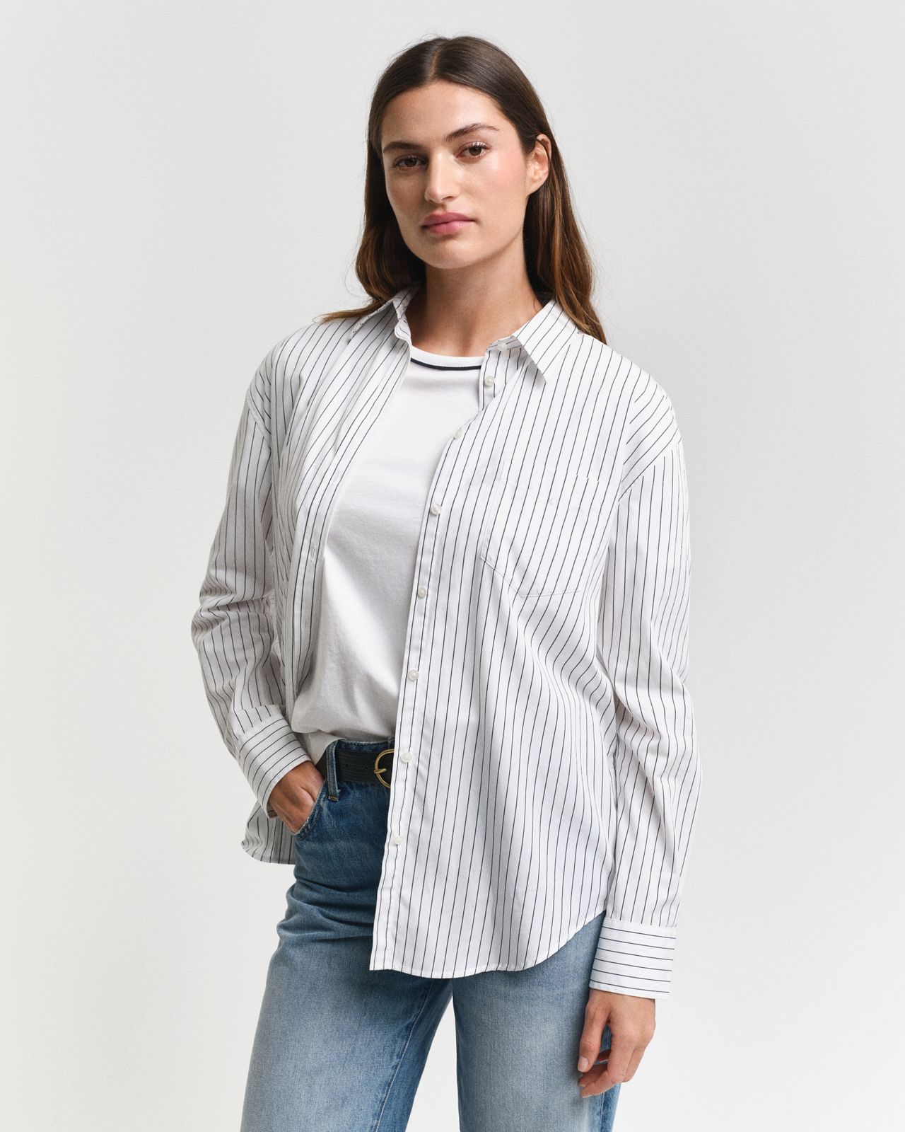 Relaxed Fit Striped Classic Poplin Shirt - MOSSY GREEN
