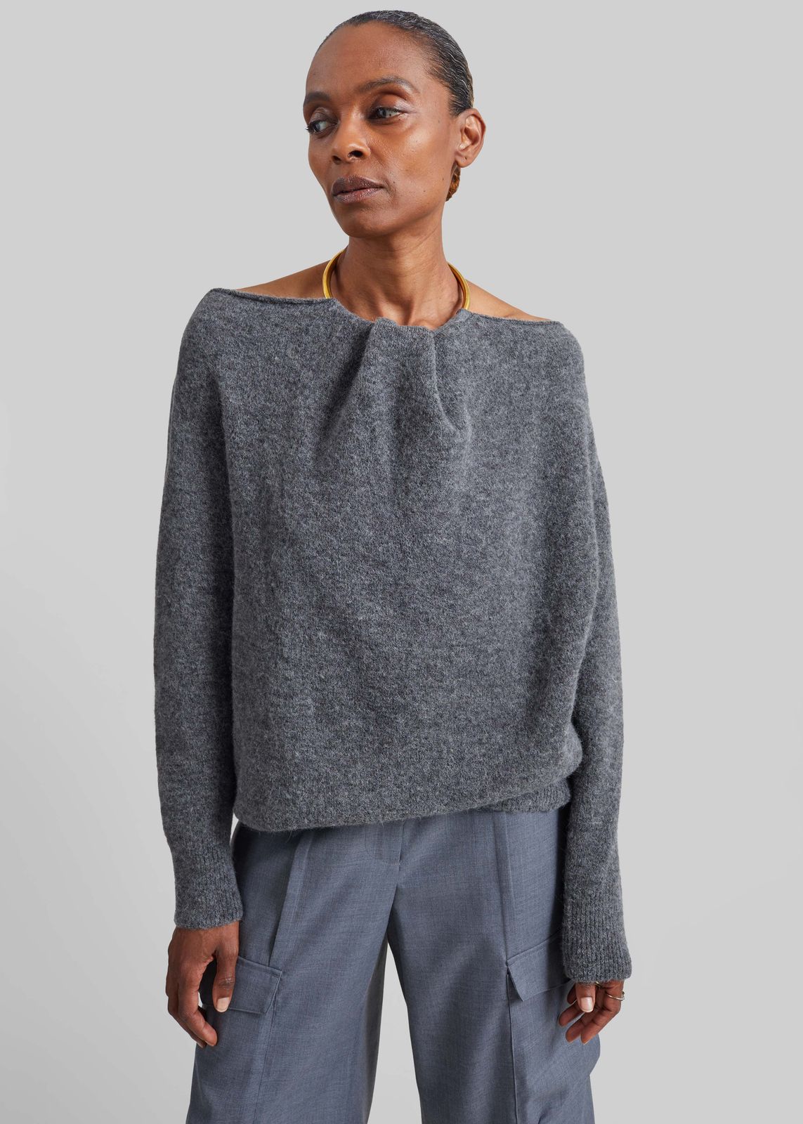 Darkpark Erin Knit Necklace Off-Shoulder Top - Grey