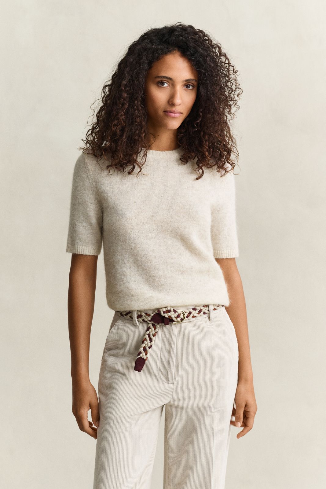 Alpaca Wool Blend Short Sleeve Sweater - LIGHT BEIGE MELANGE