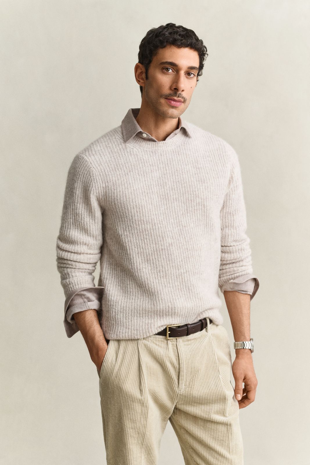 Alpaca Wool Blend Crew Neck Sweater - LIGHT BEIGE MELANGE