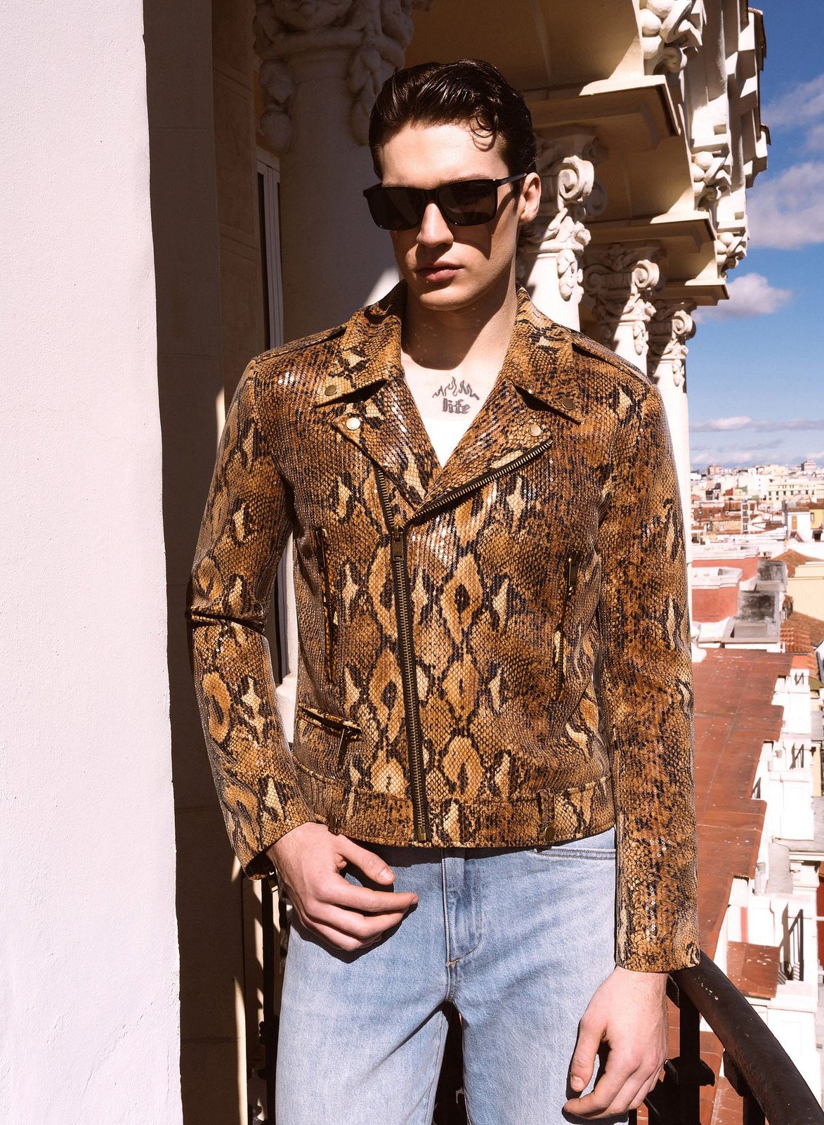 Brown Snake Effect Sequin Biker Jacket
