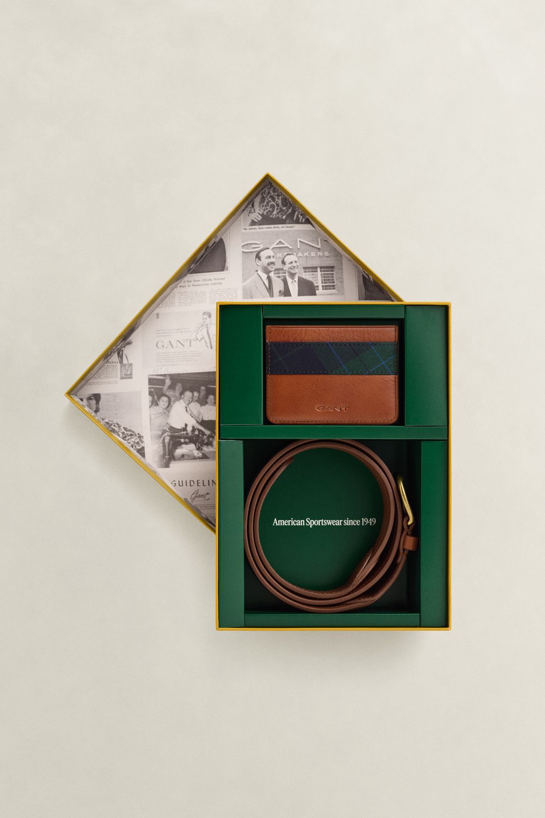 Checked Belt & Card Holder Gift Set - COGNAC