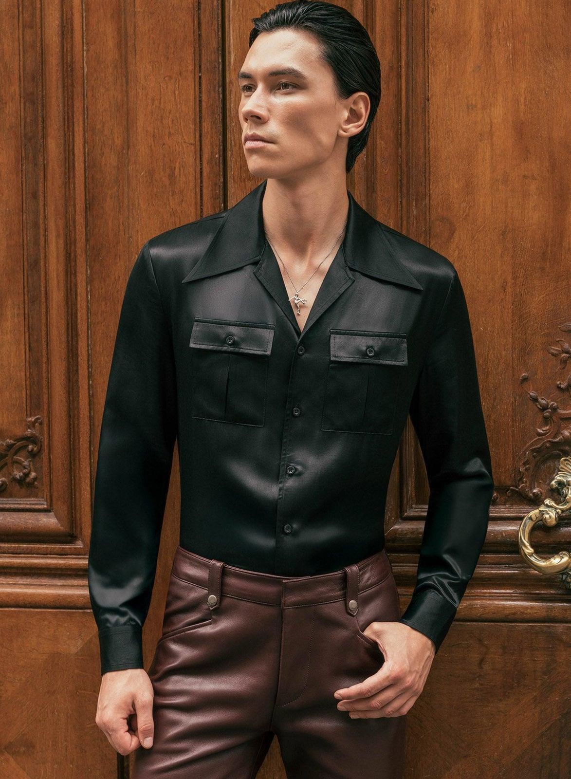 Black Silk Long Sleeve Cuban Collar Shirt