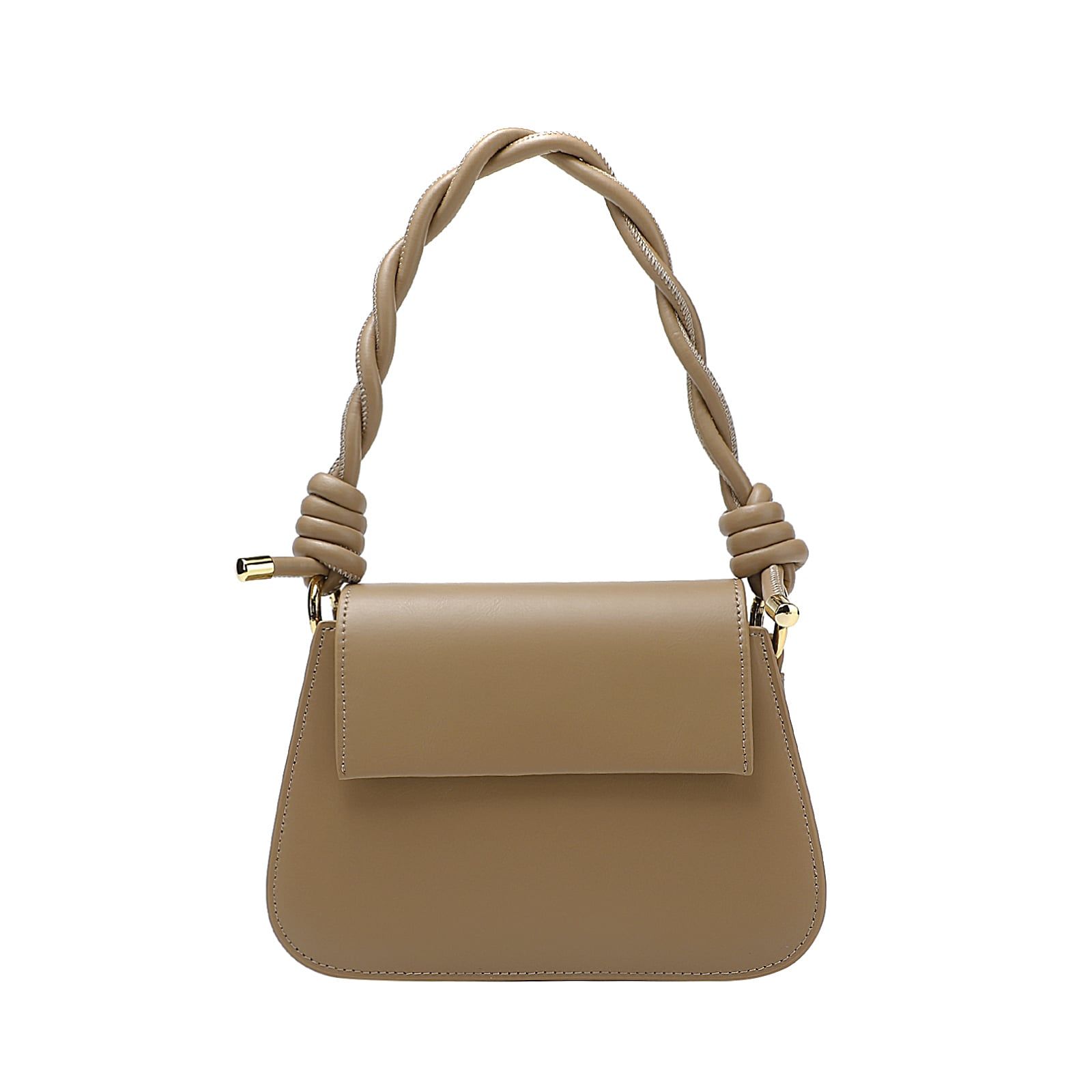 Tan Braided Handle Leather Handbag with Shoulder Strap