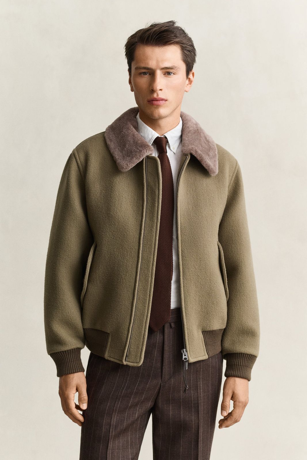 Wool Shearling Aviator Jacket - MIST TAUPE