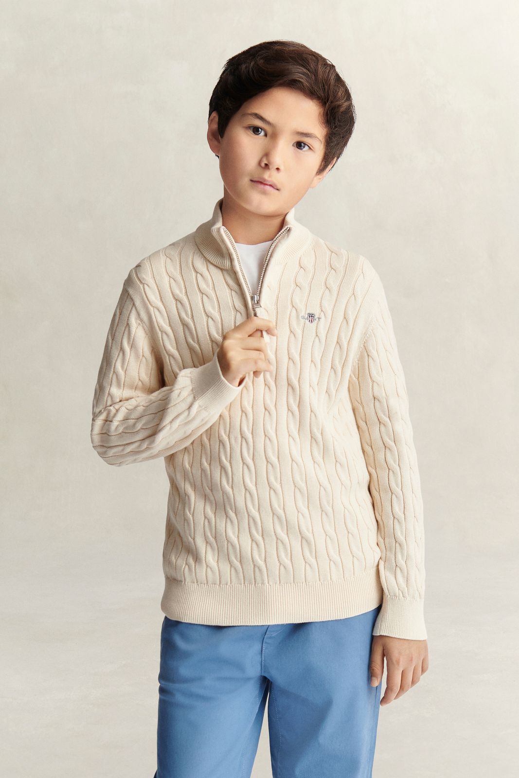 Teen Boys Shield Cable Knit Half-Zip Sweater - EVENING BLUE