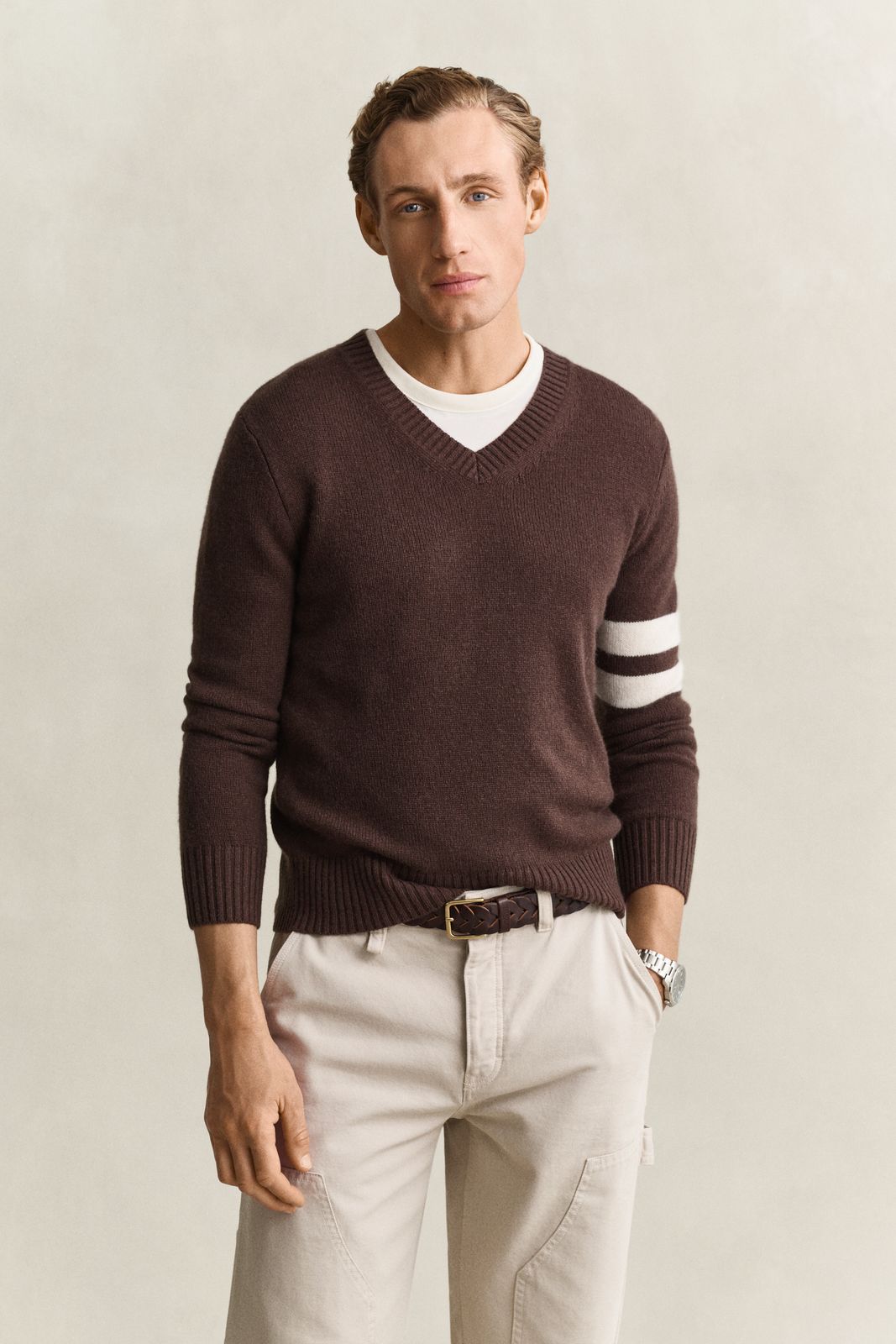 Striped Cashmere V-Neck Sweater - BLACK BROWN