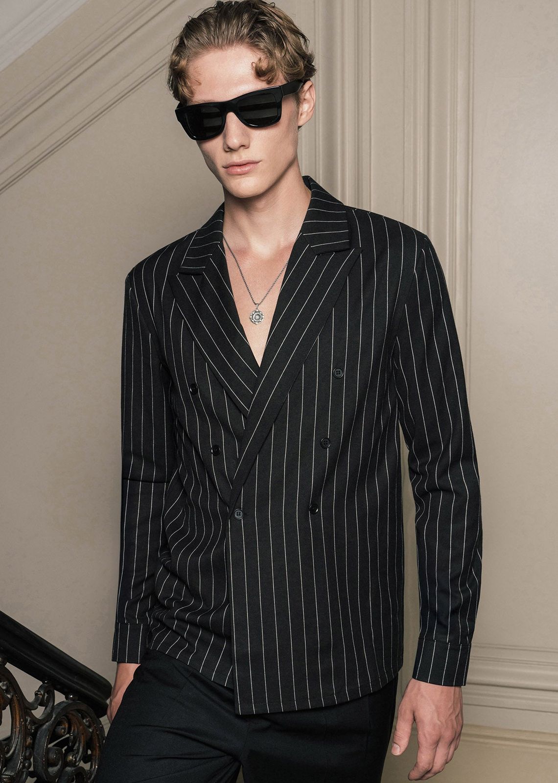 Black Pinstripe Double Breasted Black Button Shirt
