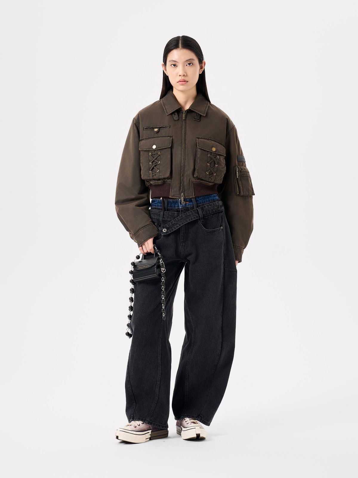 BLACK DOUBLE WAISTBAND CURVED SEAM JEANS