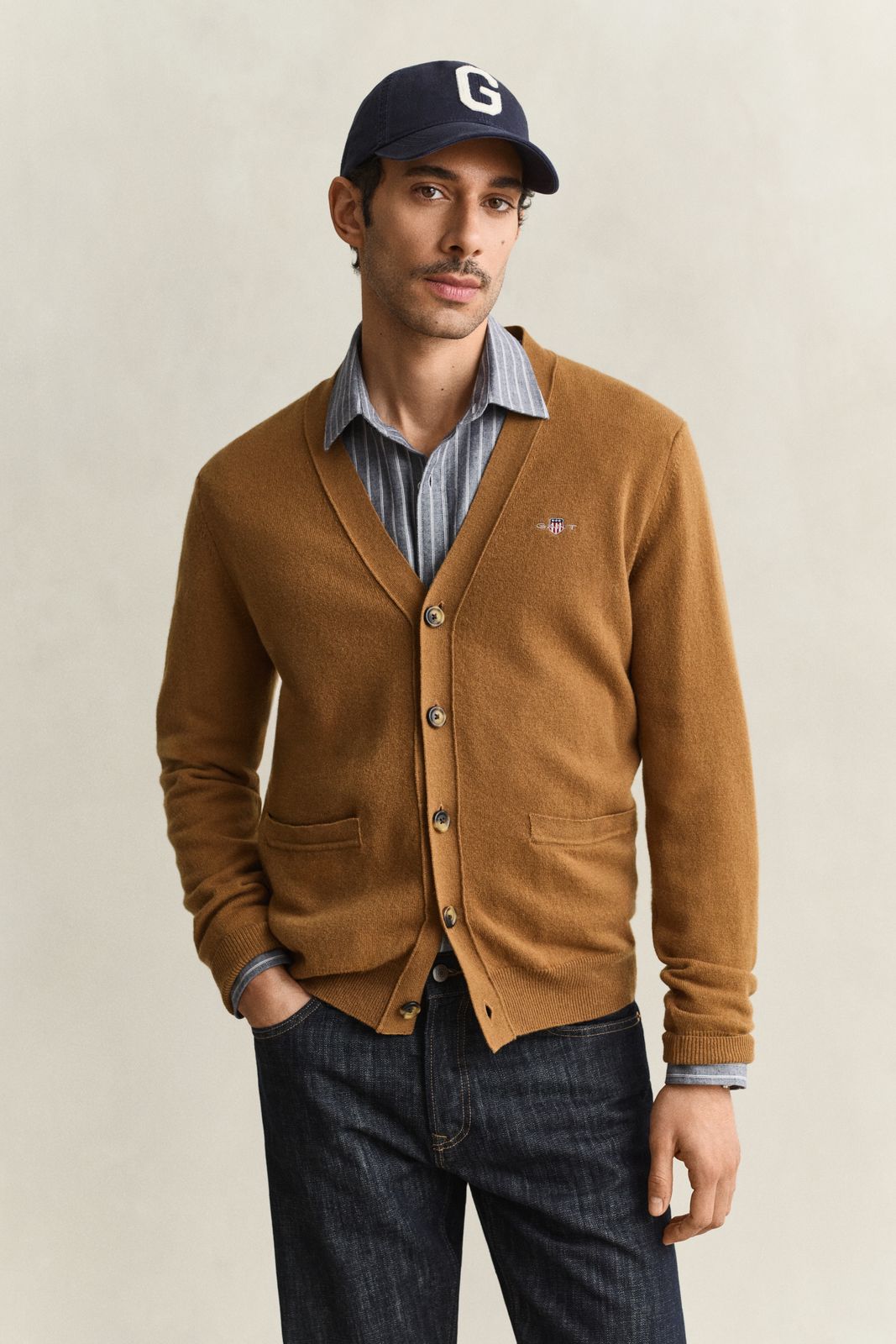 Lambswool V-Neck Cardigan - CARAMEL BROWN