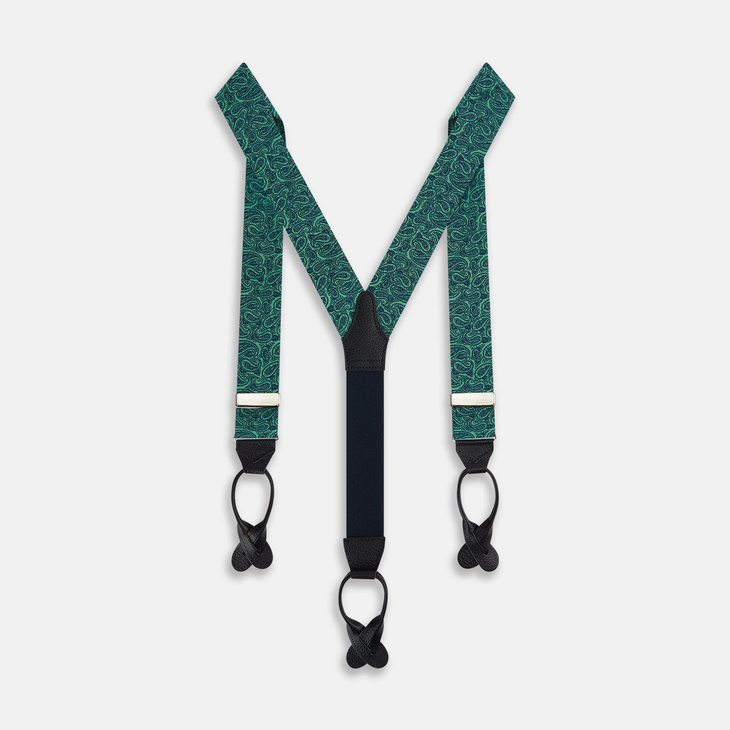 Kelly Green Paisley Adjustable Silk And Navy Leather Braces