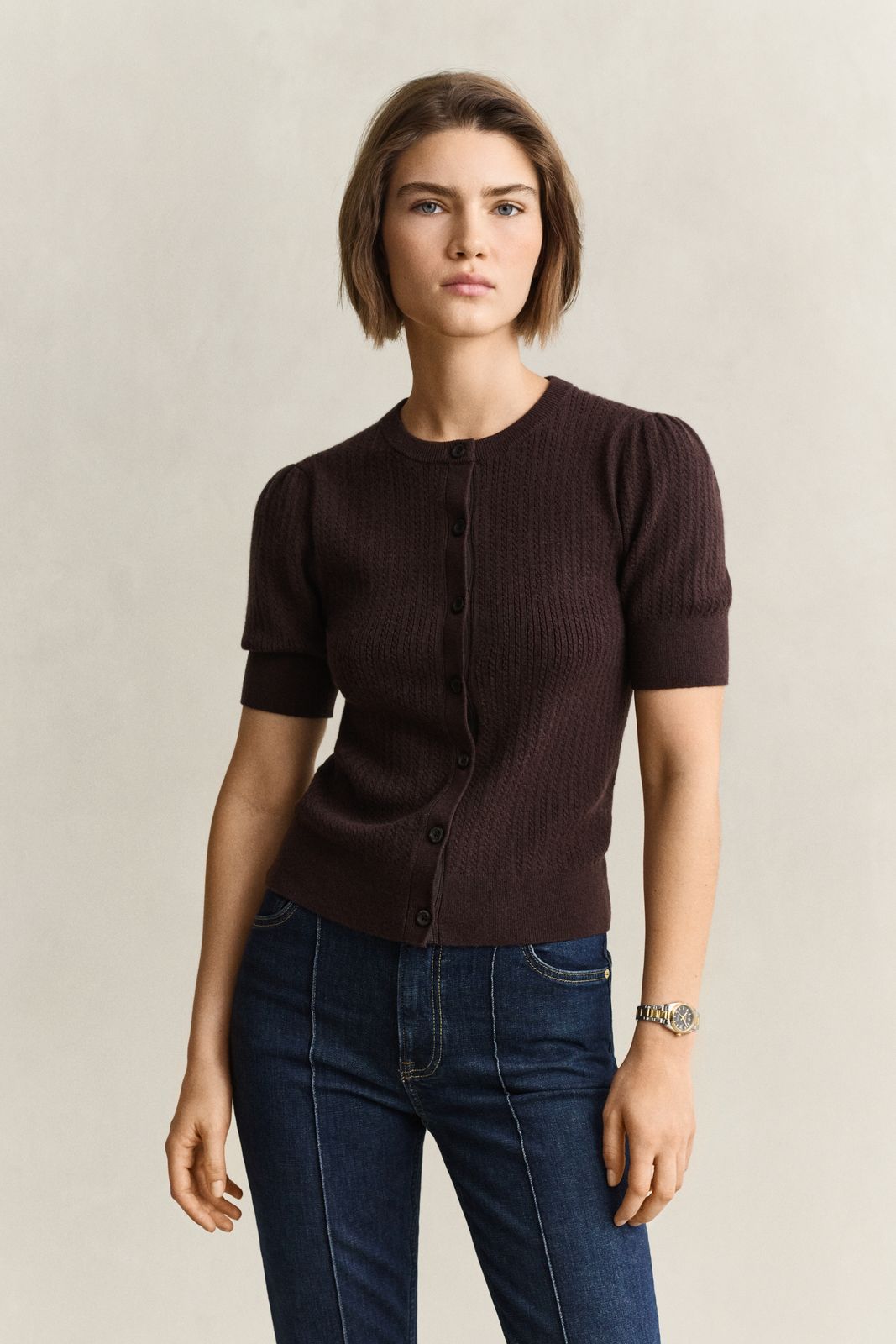 Cable Knit Short Sleeve Cardigan - DEEP BROWN