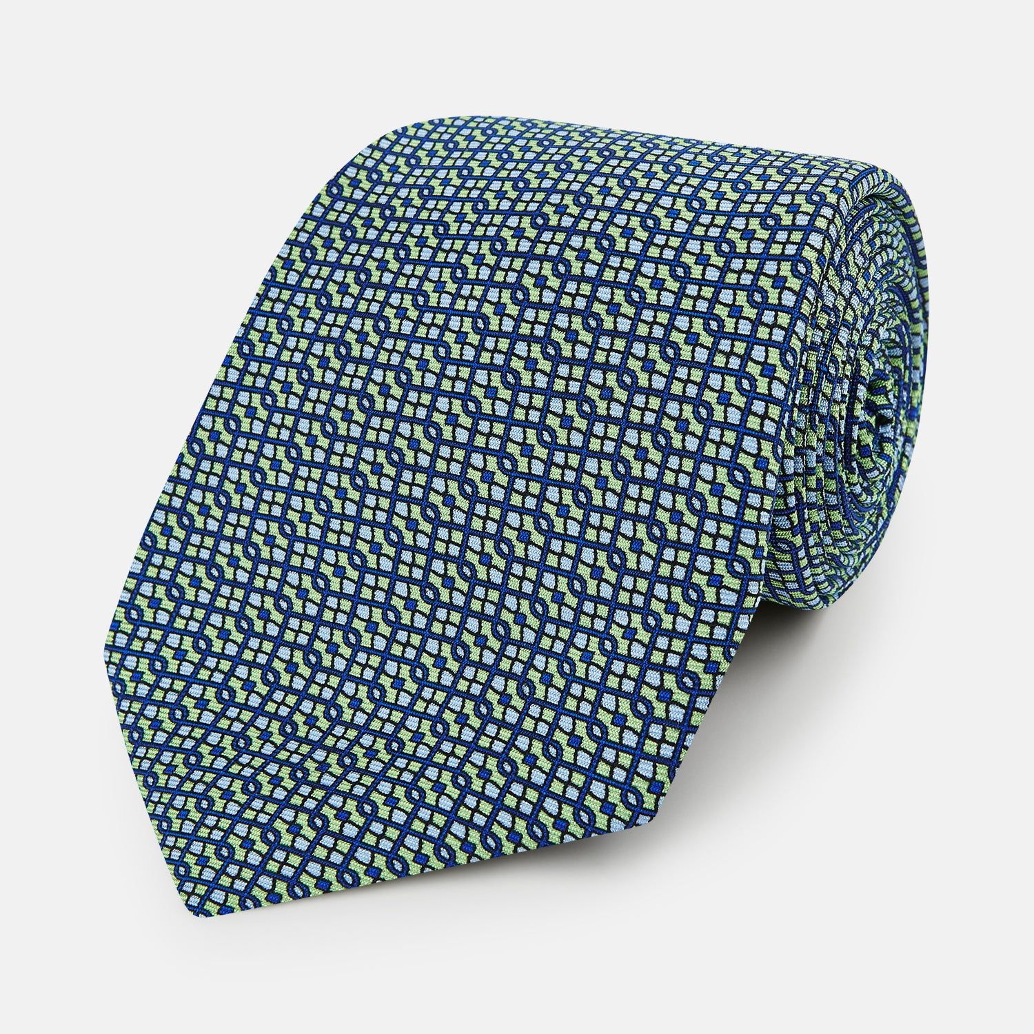 Pale Green Geometric Lattice Damier Printed Silk Tie