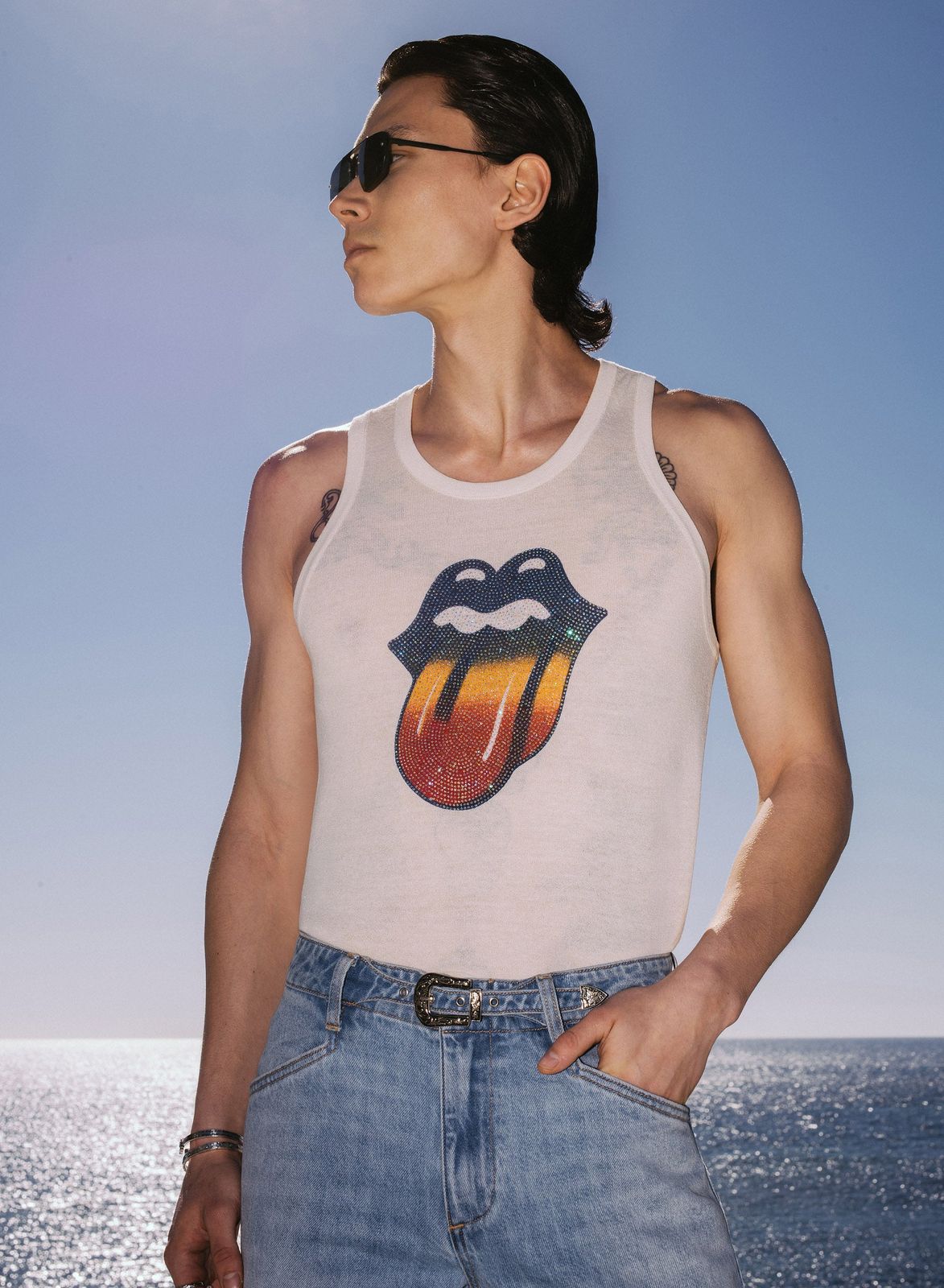 Phix X Rolling Stones White Knit Ombre Rhinestone Vest