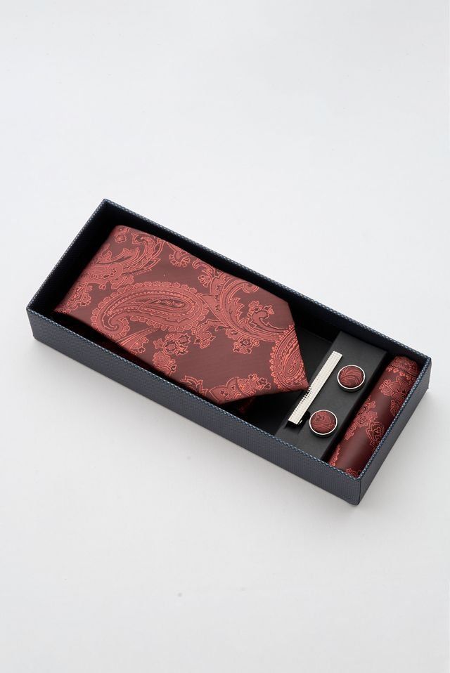 Paisley Burgundy Tie Set With Tie Bar & Cufflinks