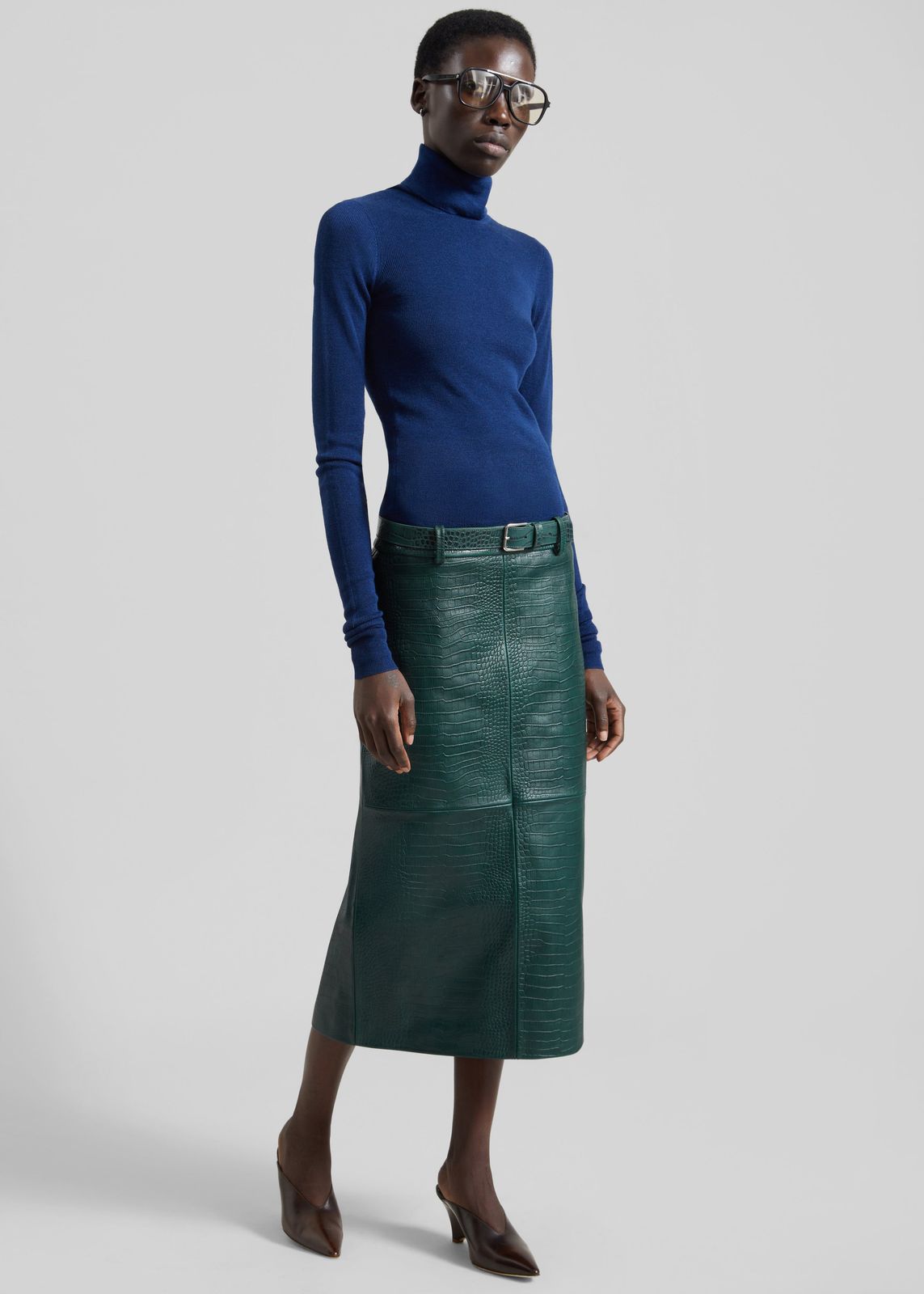 Taney Croc Leather Pencil Skirt - Bottle Green