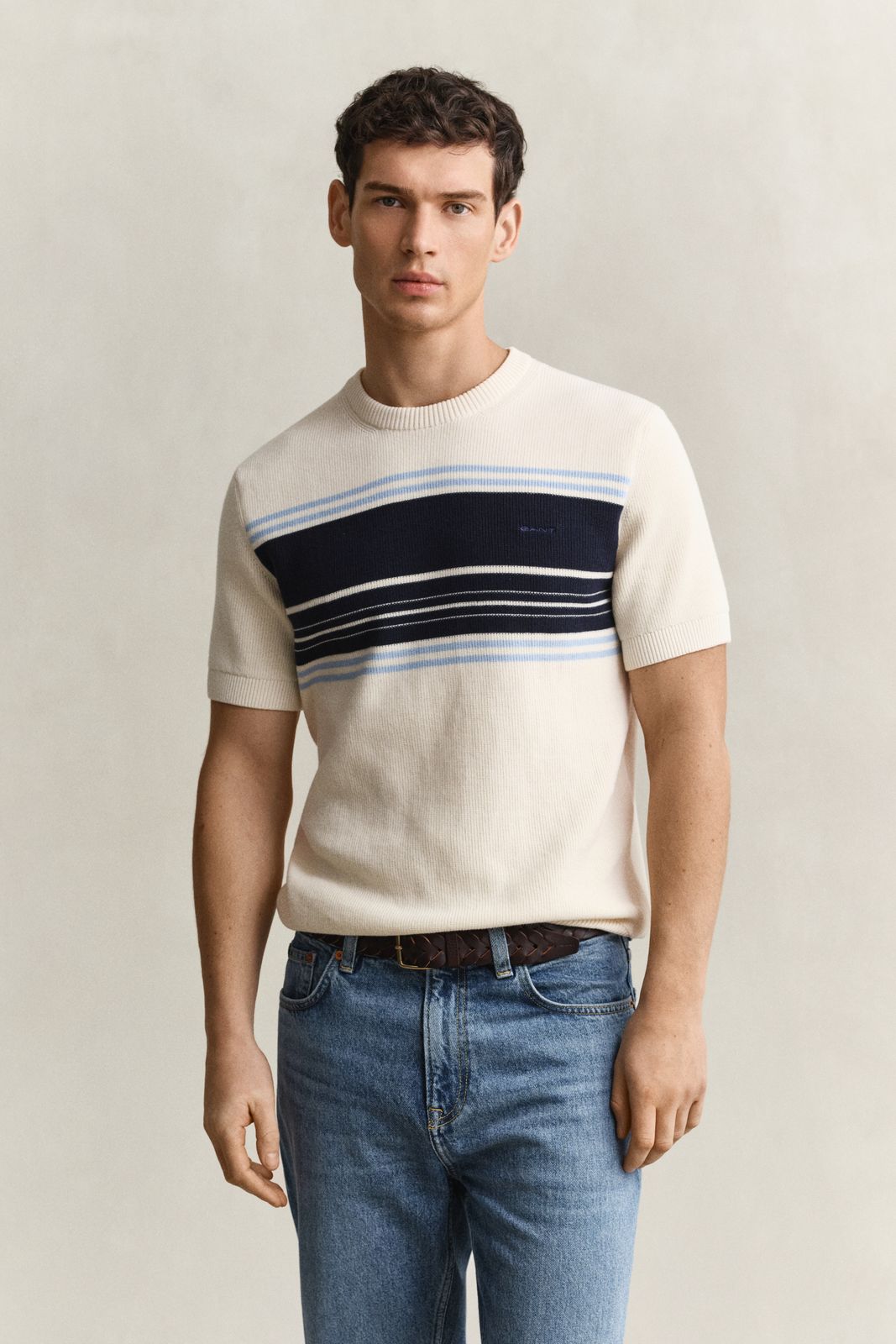 Striped Cotton Rib Short Sleeve Sweater - CREAM
