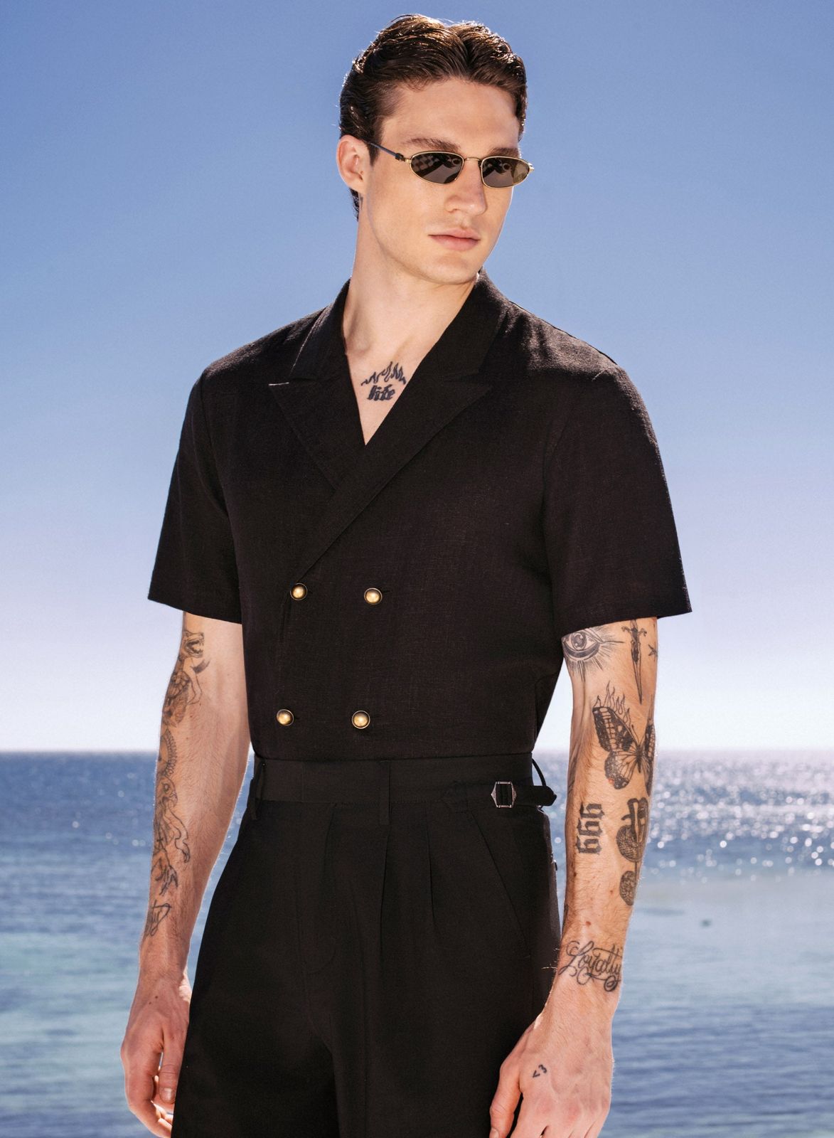 Black Short Sleeve Linen Double Breasted Shirt