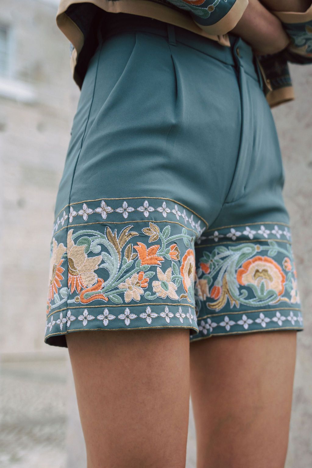 Amara Embroidered Blue Tailored Shorts