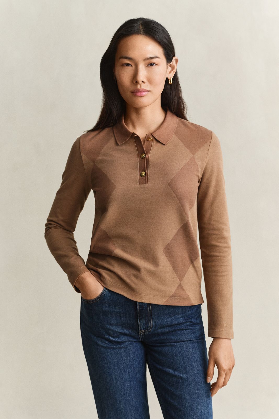 Argyle Long Sleeve Polo Shirt - CARAMEL BROWN