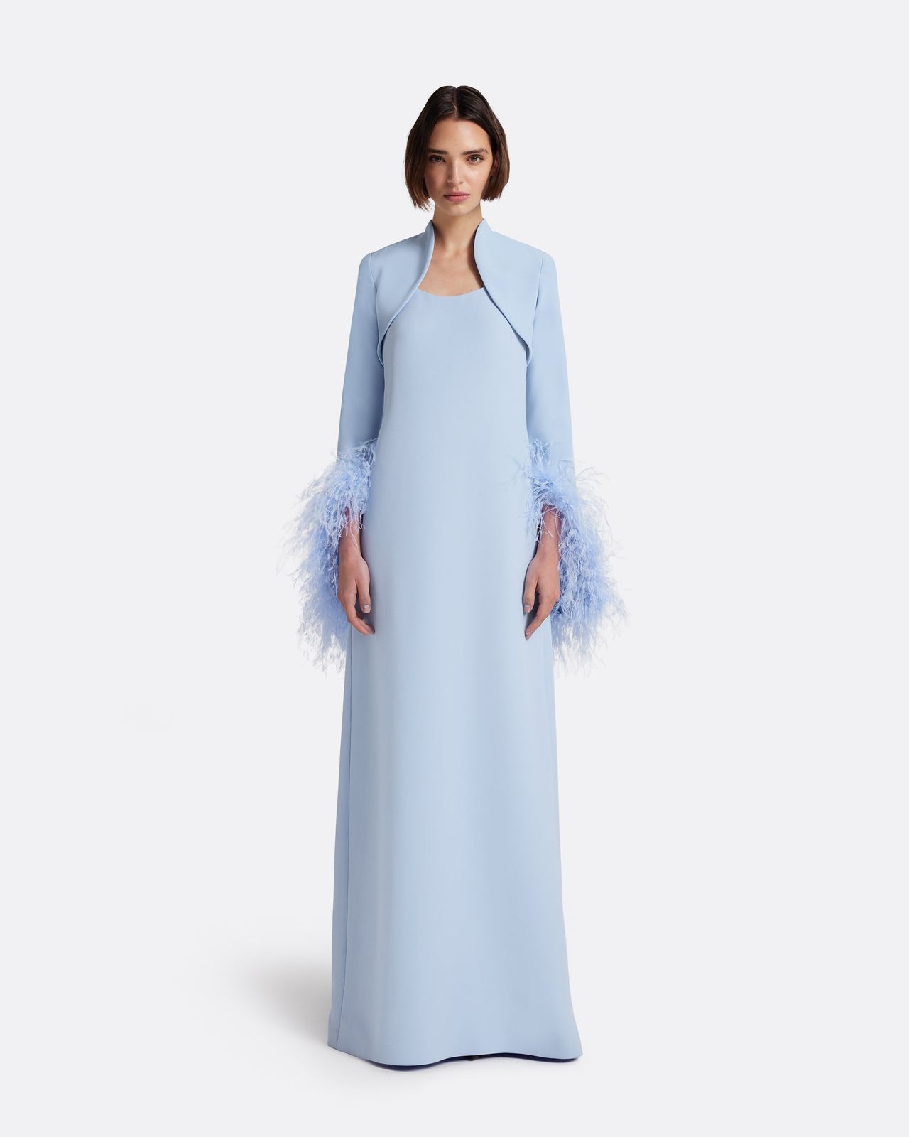 Elise Harness with Maddison Long Dress in Soft Sky with Feathers