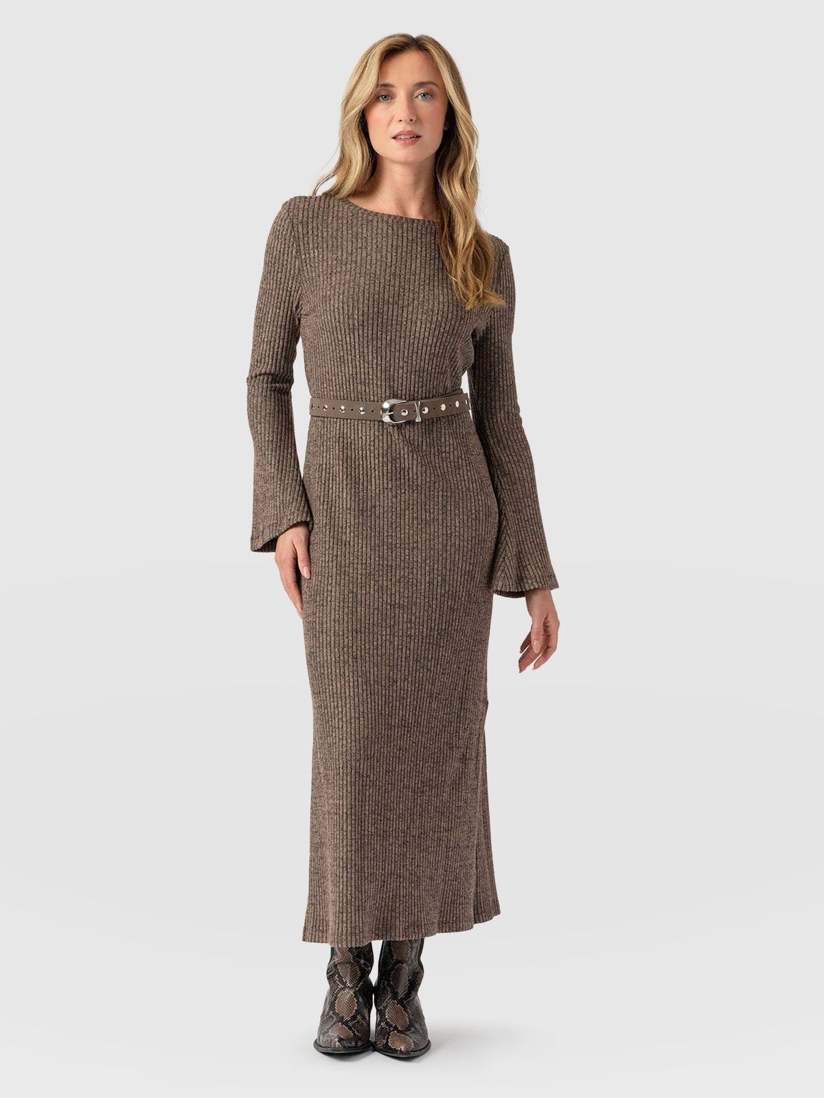 Callie Fluted Midi Dress - Beige