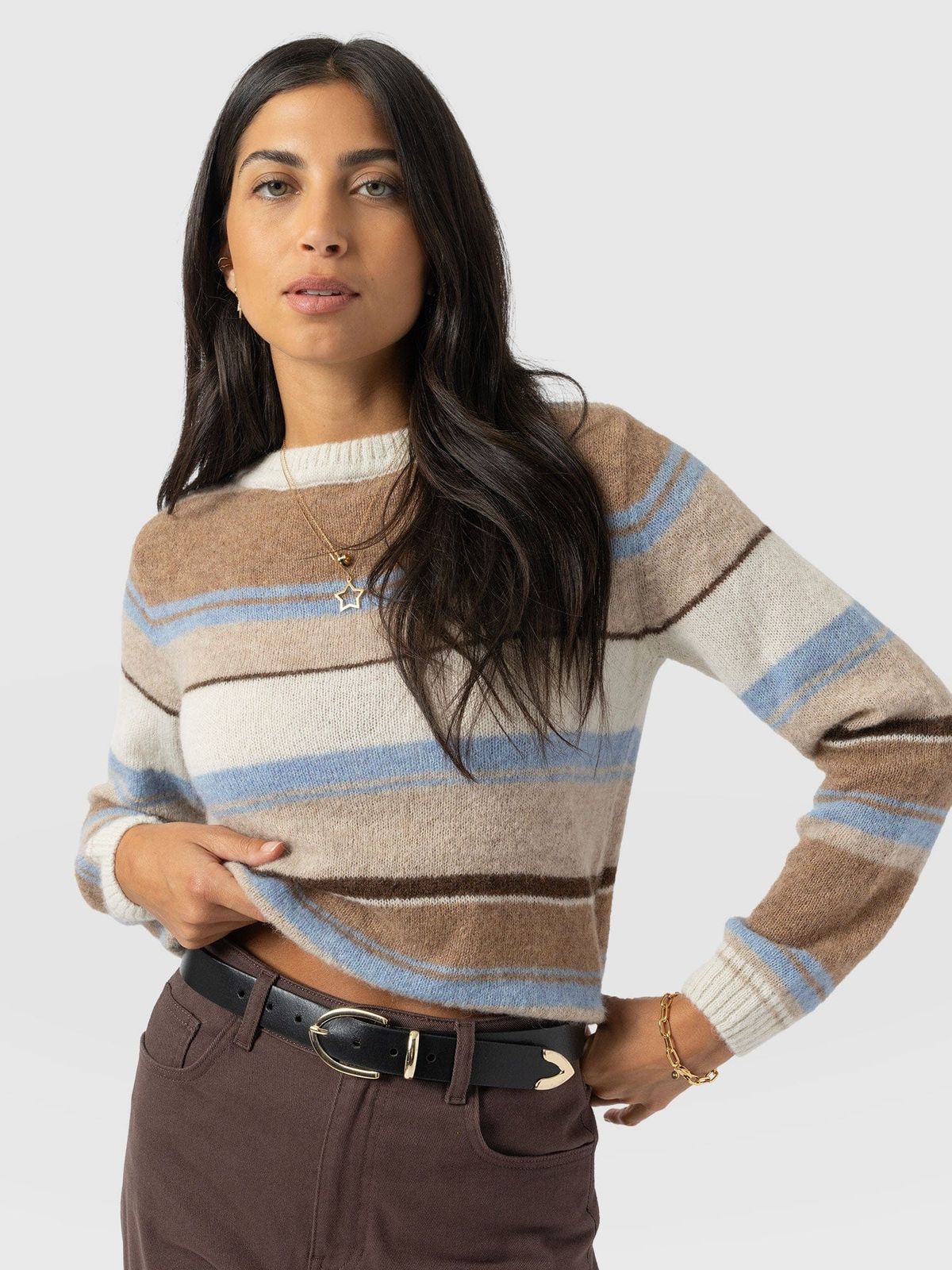 Ariella Boat Neck Jumper - Blue/brown Stripe