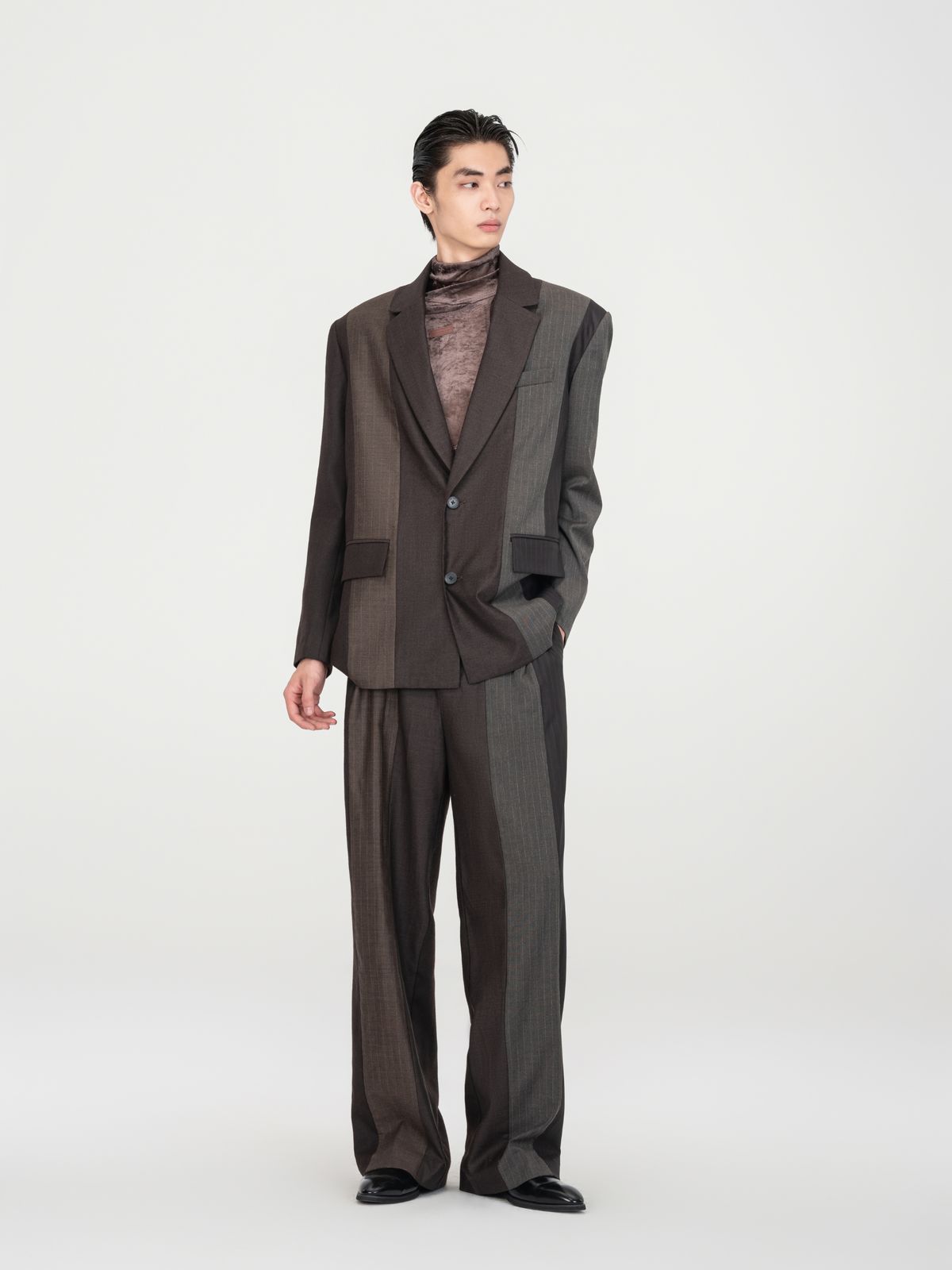 BROWN STRIPED AND SOLID PANELED BLAZER