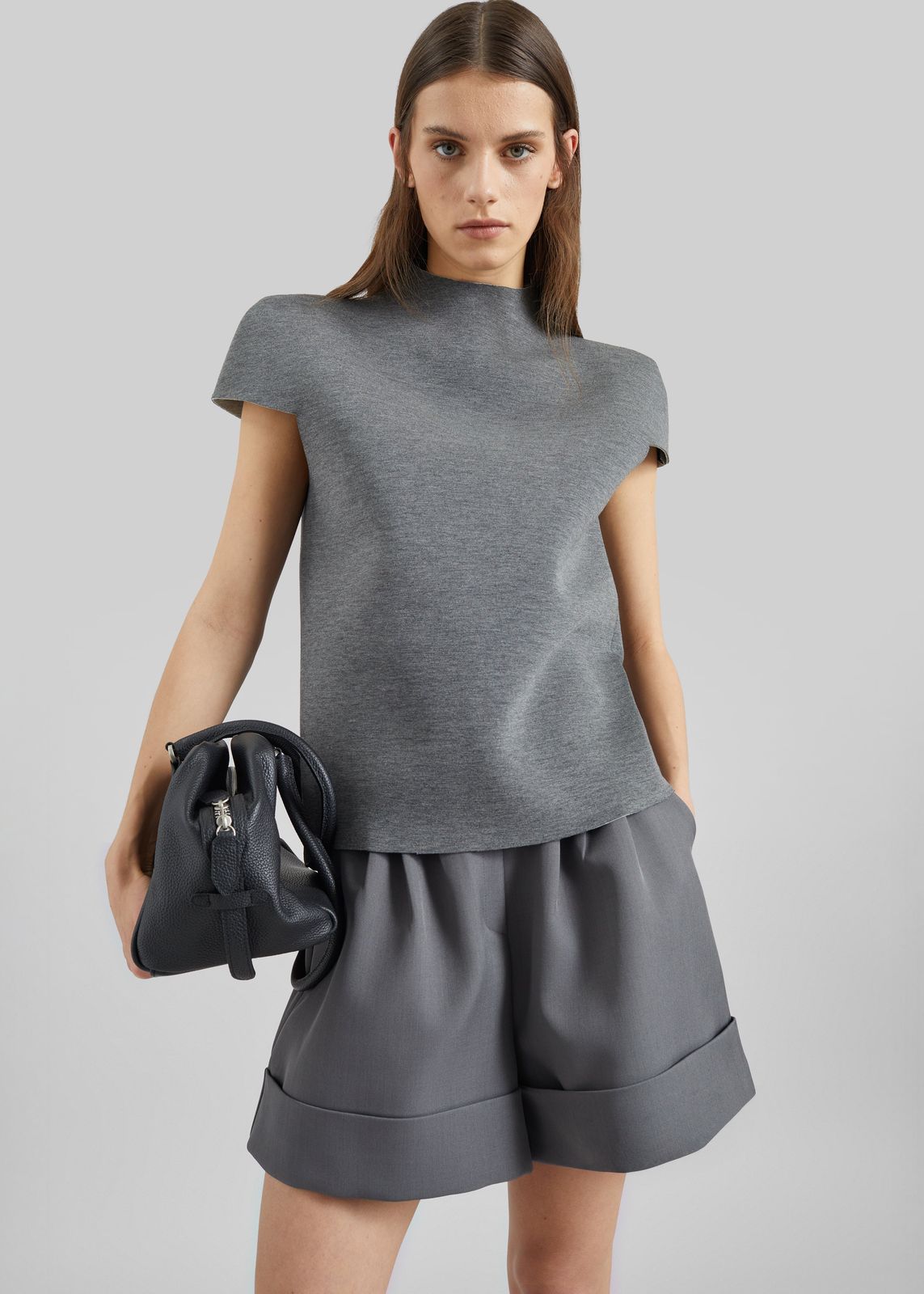 Anya Neoprene Sculpted Sleeve Top - Grey Melange