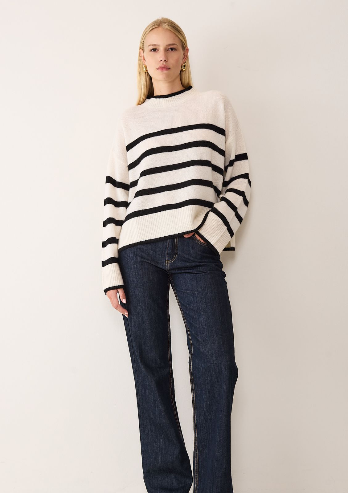 Chunky Cashmere Striped Sweater In Chalk White & Black