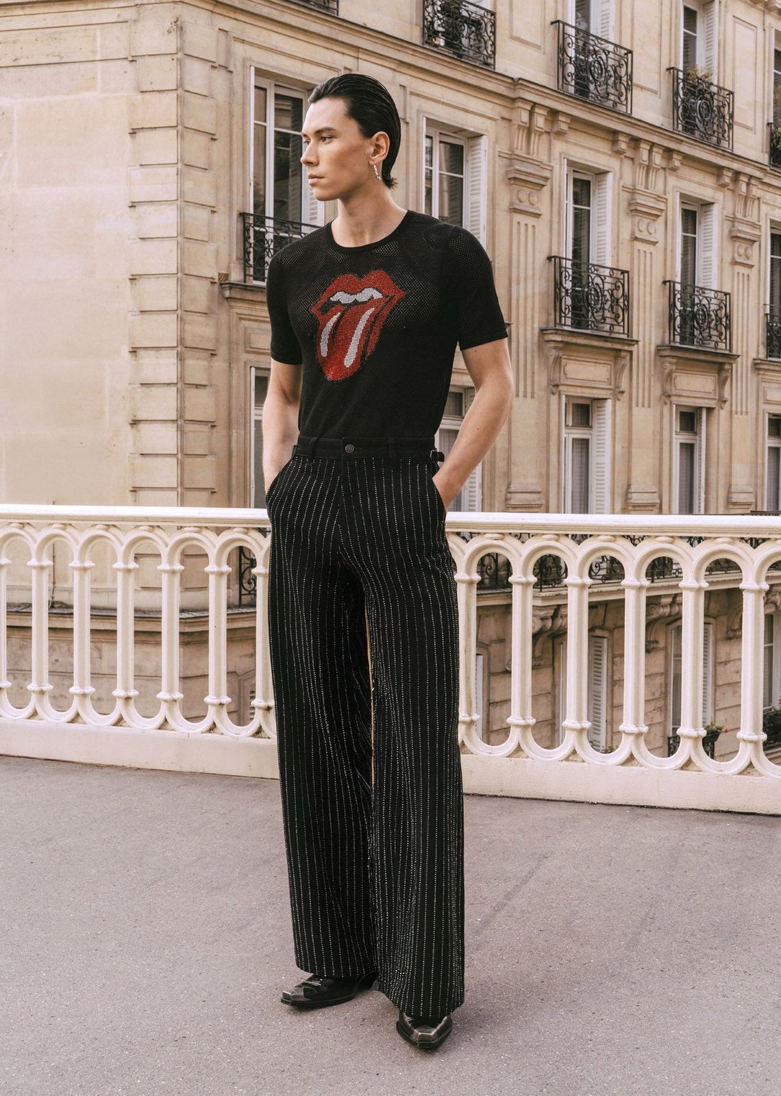 Black Rhinestone Pinstripe Wide Leg Side Buckle Jeans