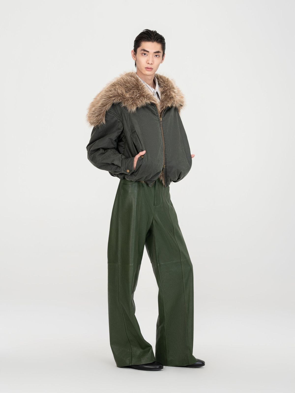 GREEN WASHED COTTON JACKET WITH FAUX FUR COLLAR